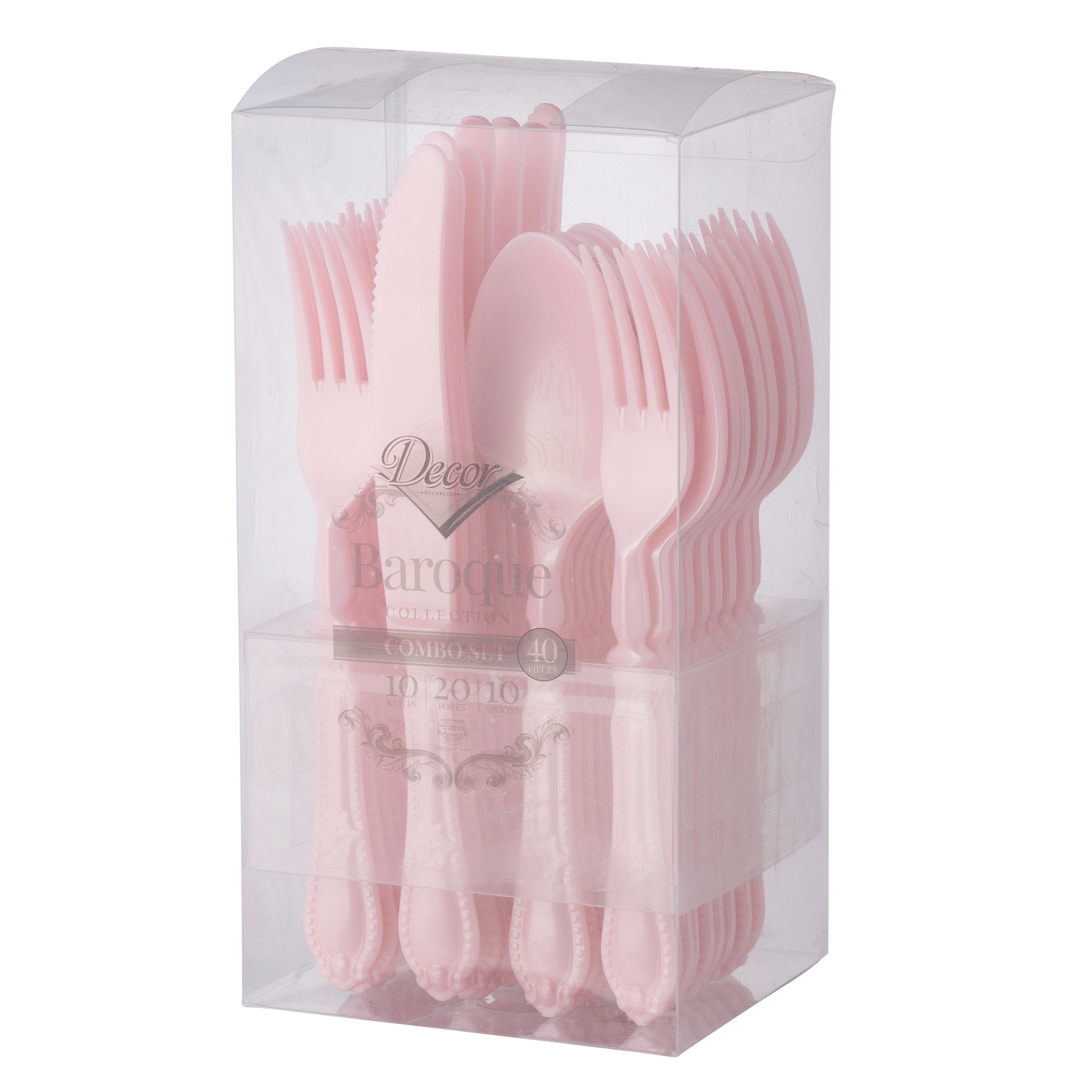 40 Piece Disposable Pink / Blush Heavyweight Plastic Silverware Combo Set (10 Settings) - Baroque