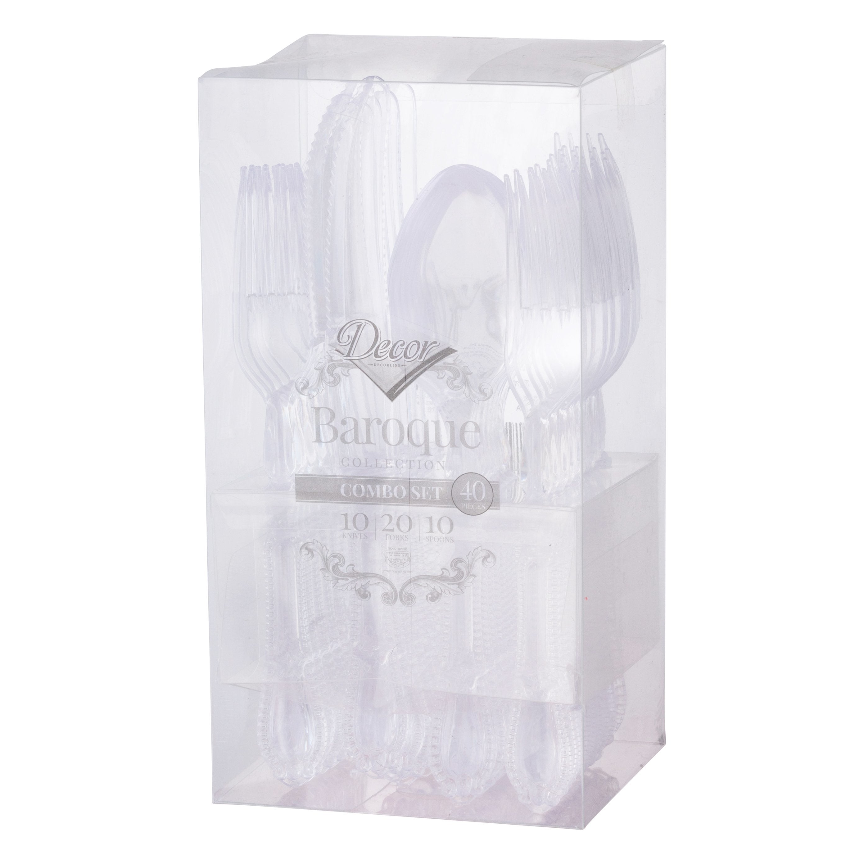 40 Piece Disposable Clear Heavyweight Plastic Silverware Combo Set (10 Settings) - Baroque