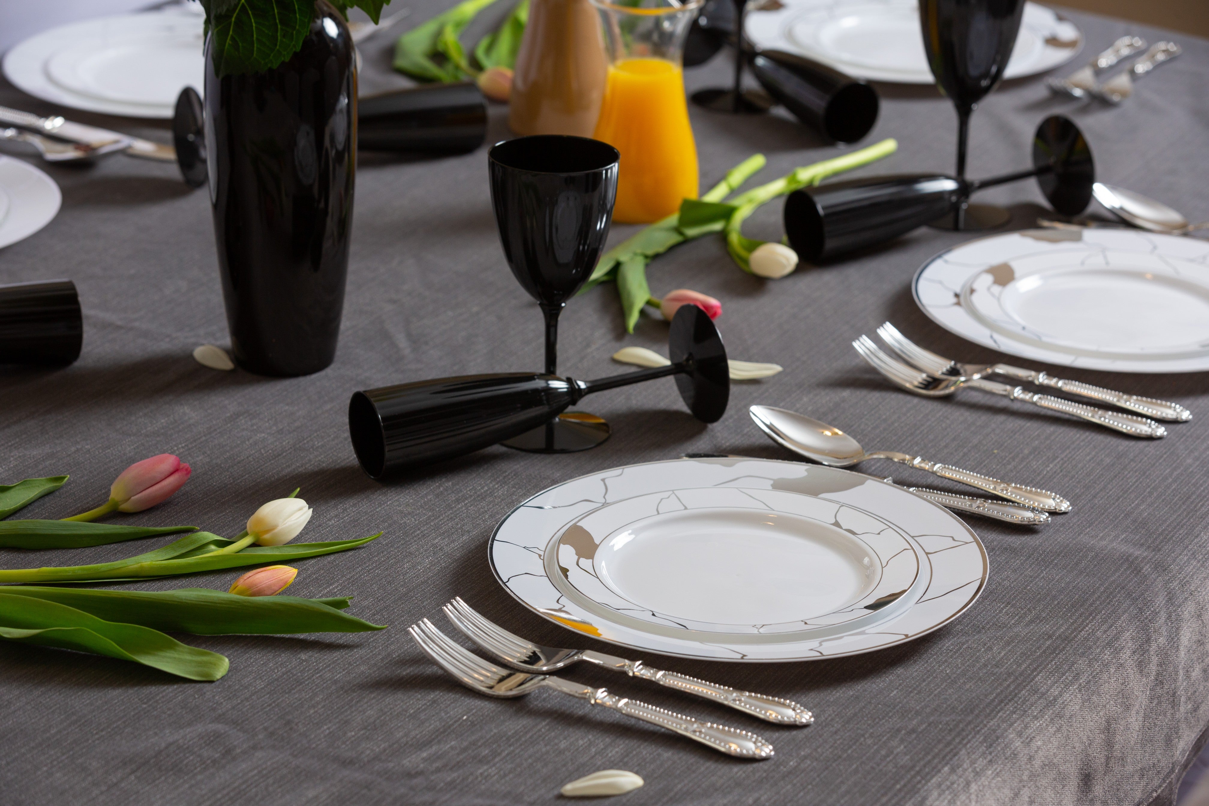 White and Silver Round Plastic Plates - Marble
