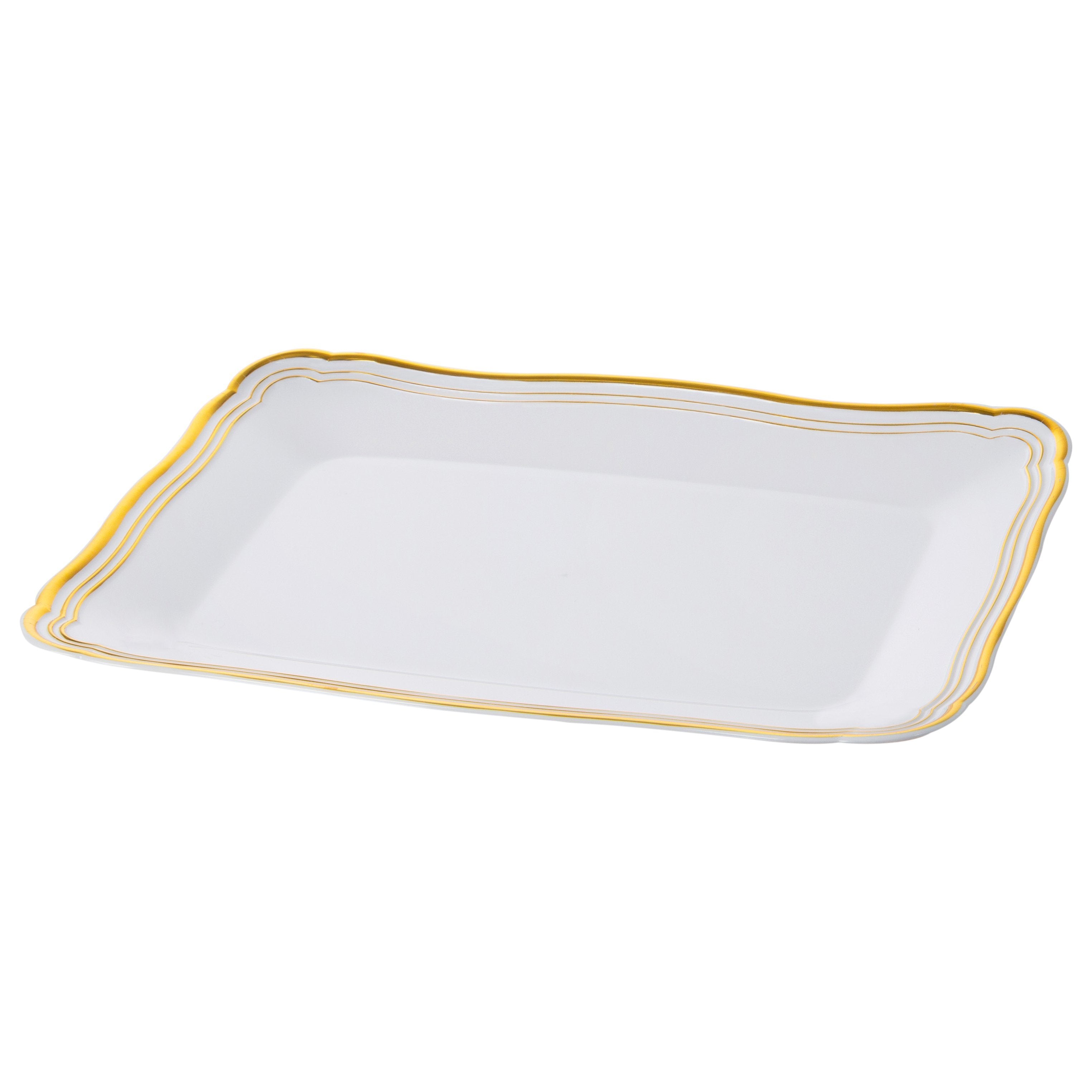 9 X 13 Inch Rectangle White And Gold Rim Plastic Serving Tray