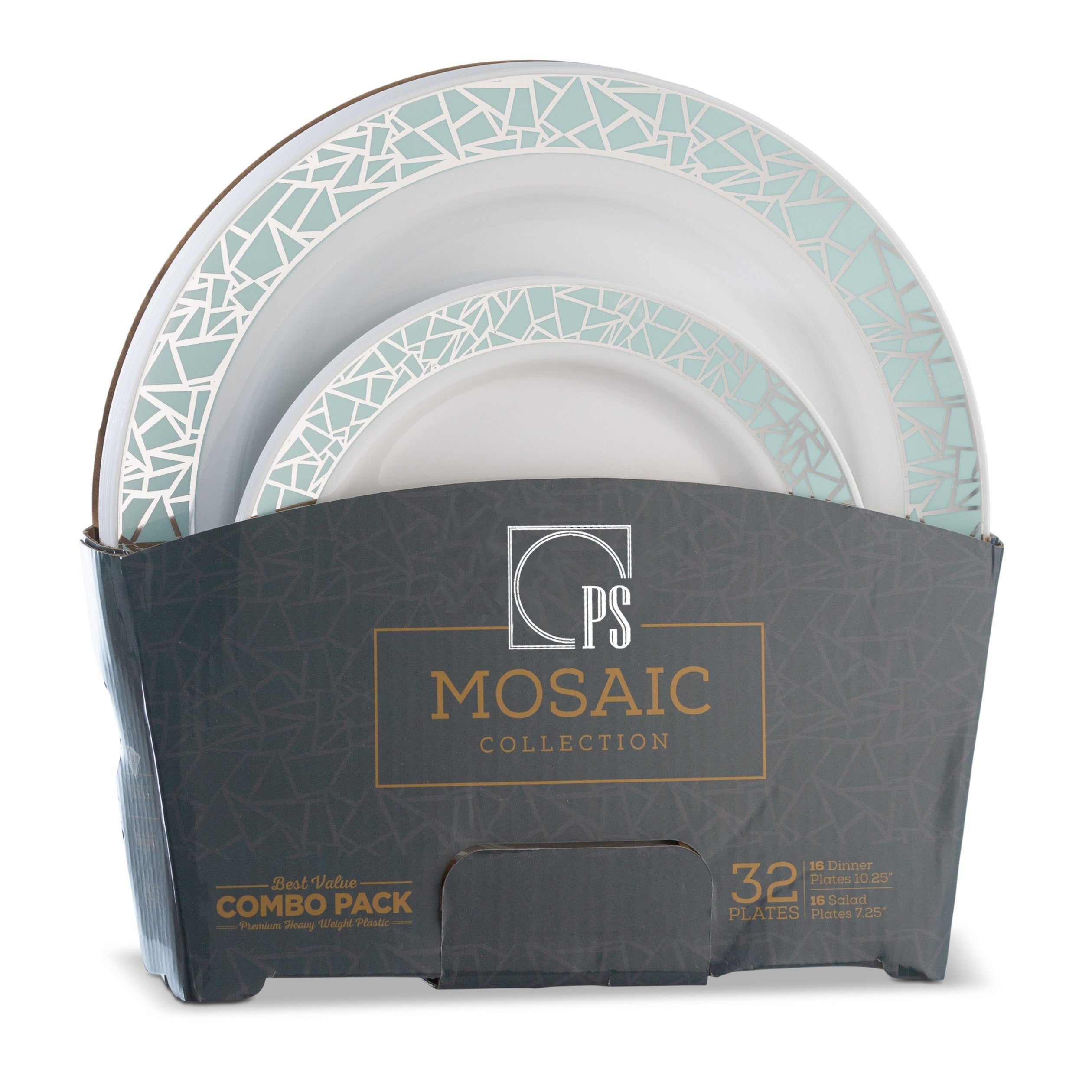 32 Piece Combo Pack Blue and Silver Round Plastic Dinnerware Value Set (16 Servings) - Mosaic