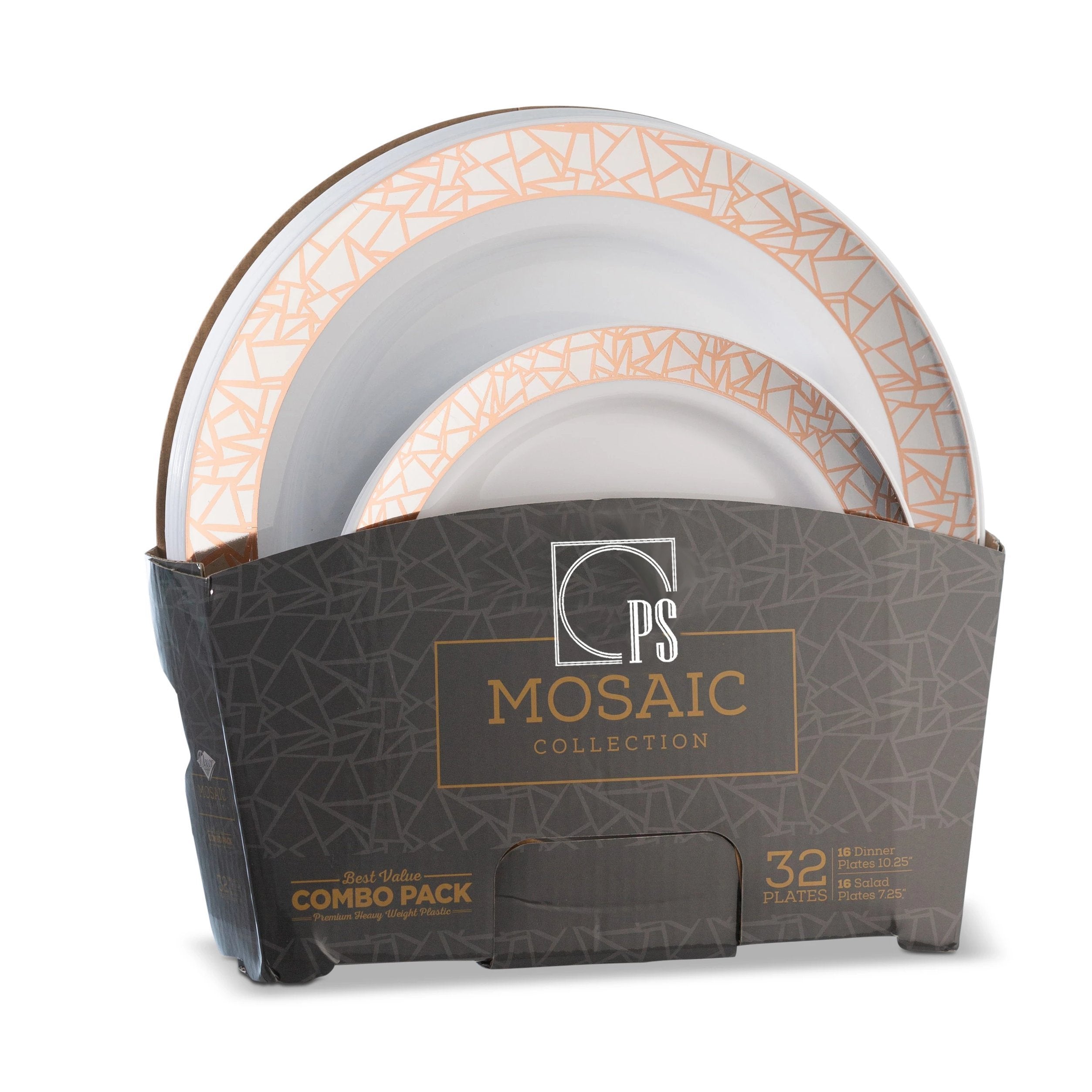 32 Piece Combo Pack Rose Gold and Silver Round Plastic Dinnerware Value Set (16 Servings) - Mosaic