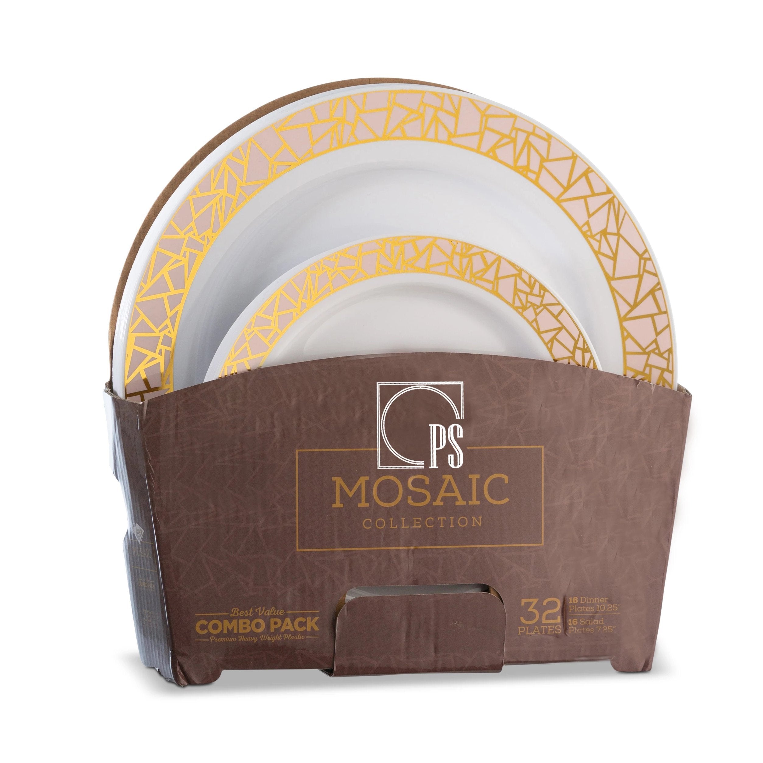 32 Piece Combo Pack Pink and Gold Round Plastic Dinnerware Value Set (16 Servings) - Mosaic