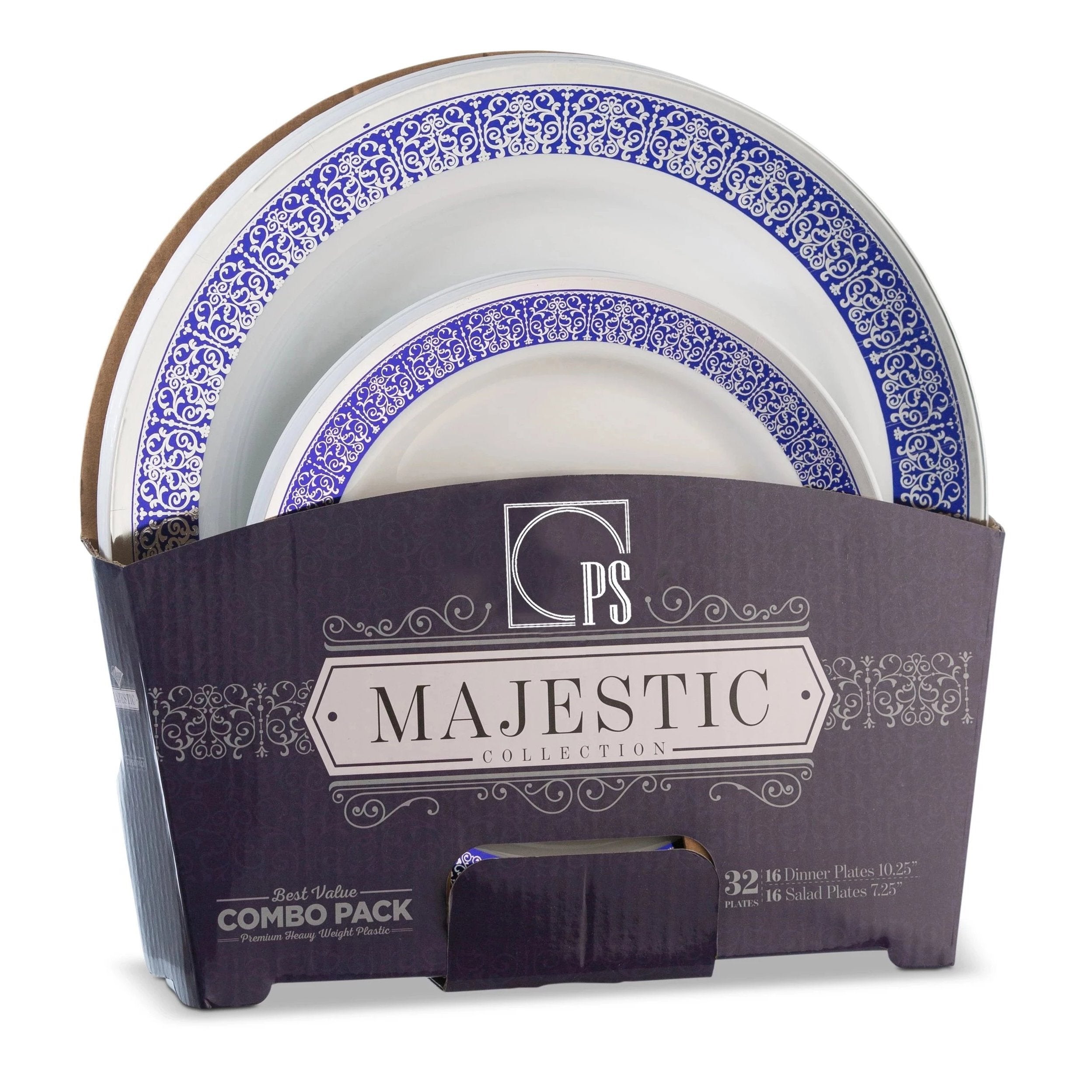 32 Piece Combo Pack Blue and Silver Round Plastic Dinnerware Set (16 Servings) - Majestic