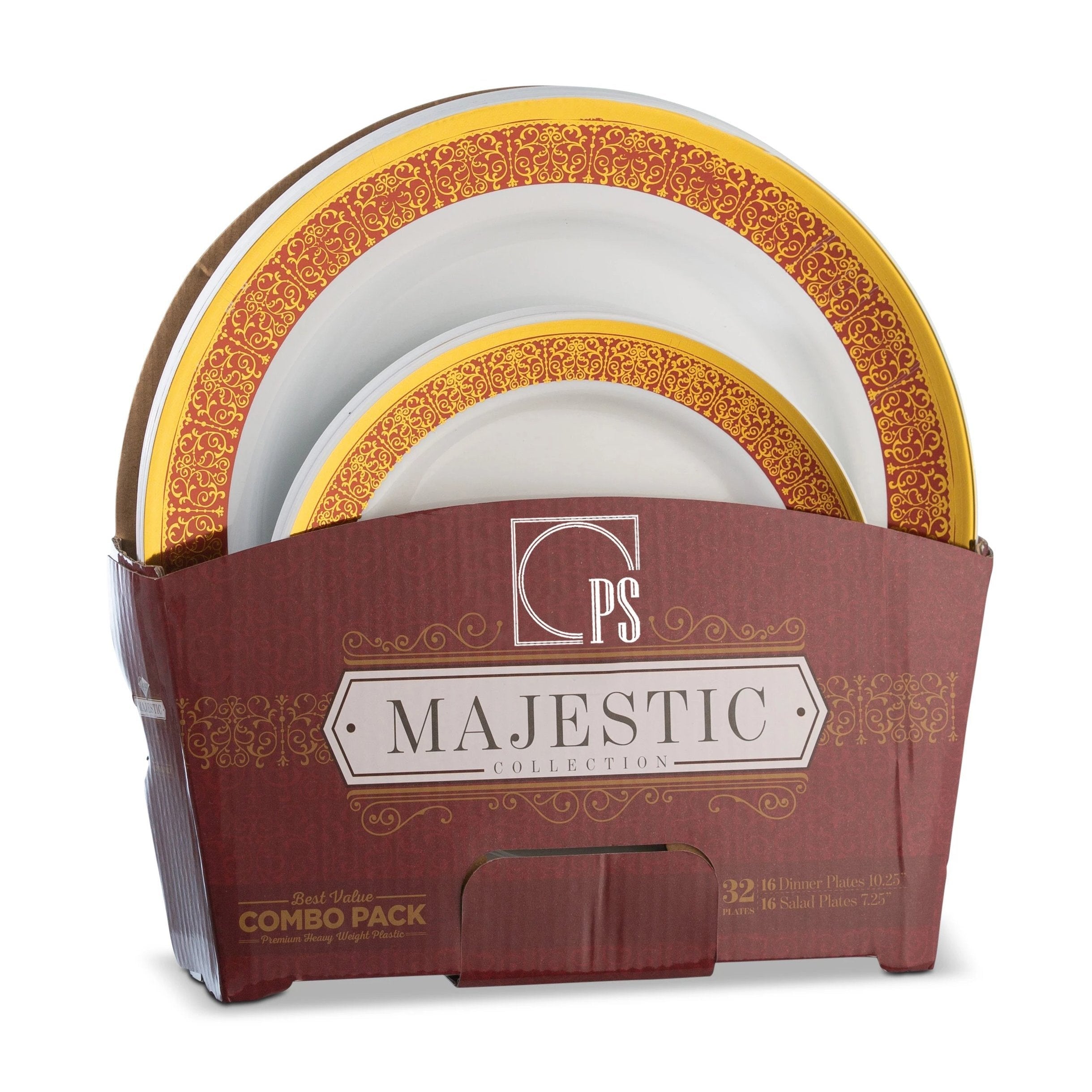 32 Piece Combo Pack Burgundy and Gold Round Plastic Dinnerware Set (16 Servings) - Majestic