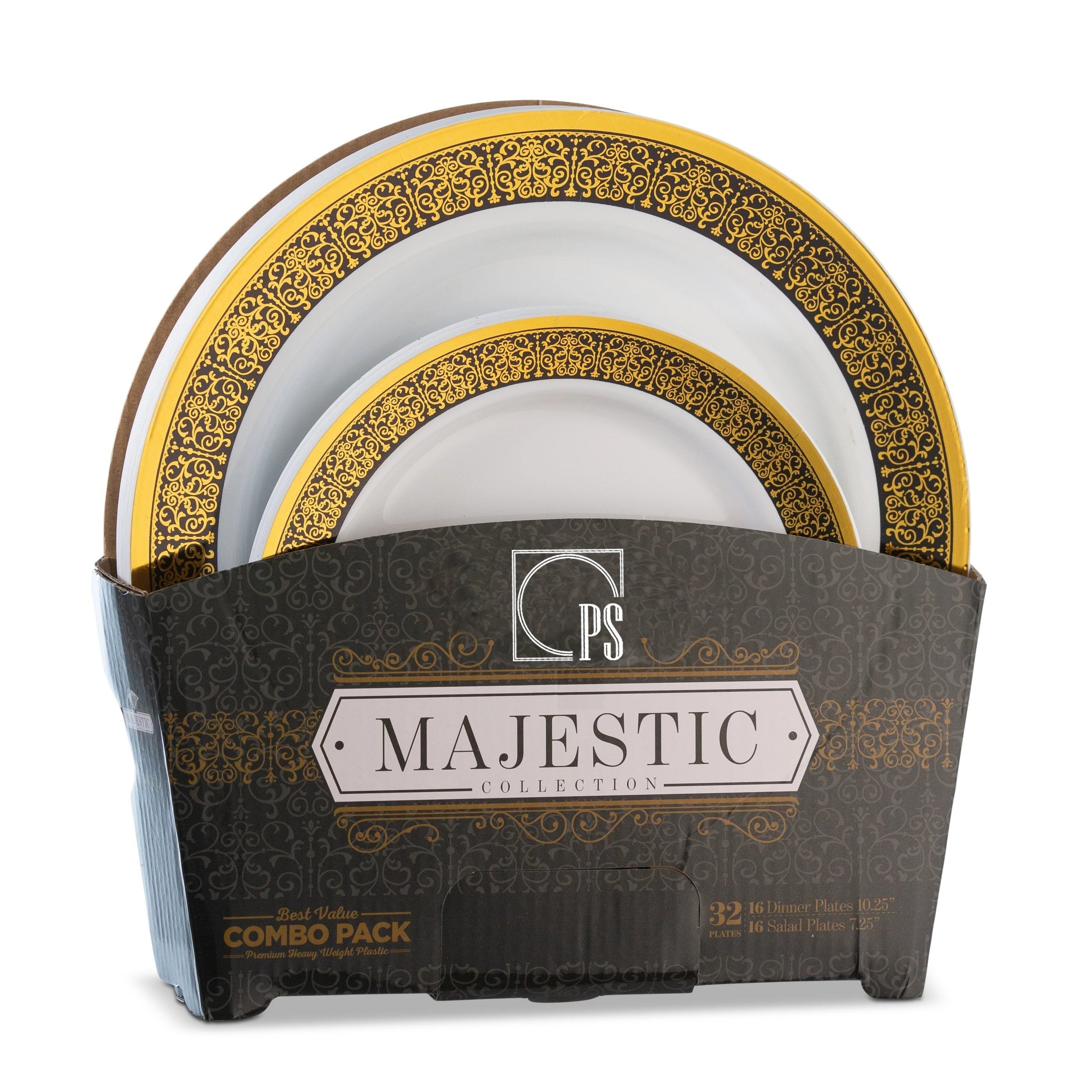 32 Piece Combo Pack Black and Gold Round Plastic Dinnerware Set (16 Servings) - Majestic