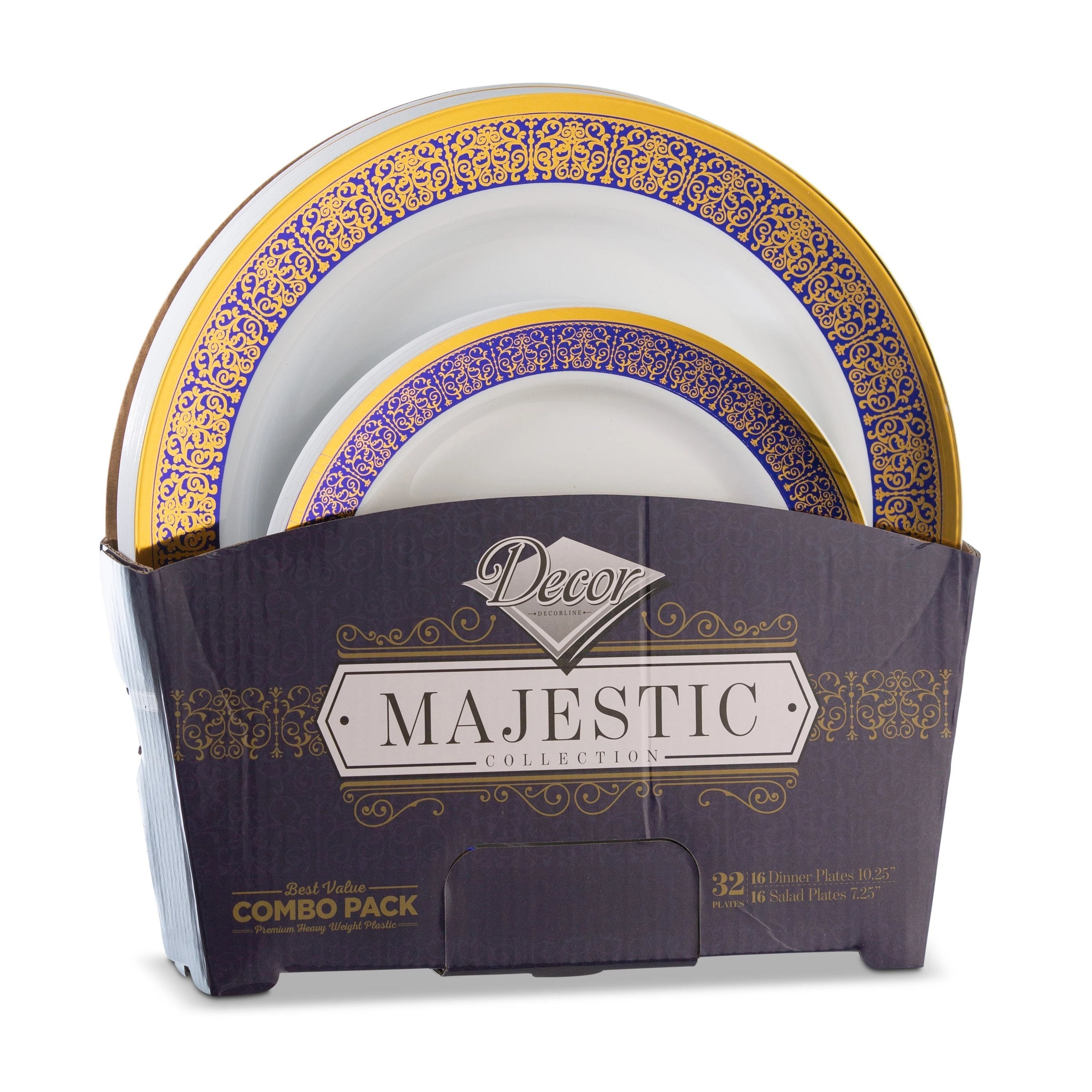 32 Piece Combo Pack Blue and Gold Round Plastic Dinnerware Set (16 Servings) - Majestic