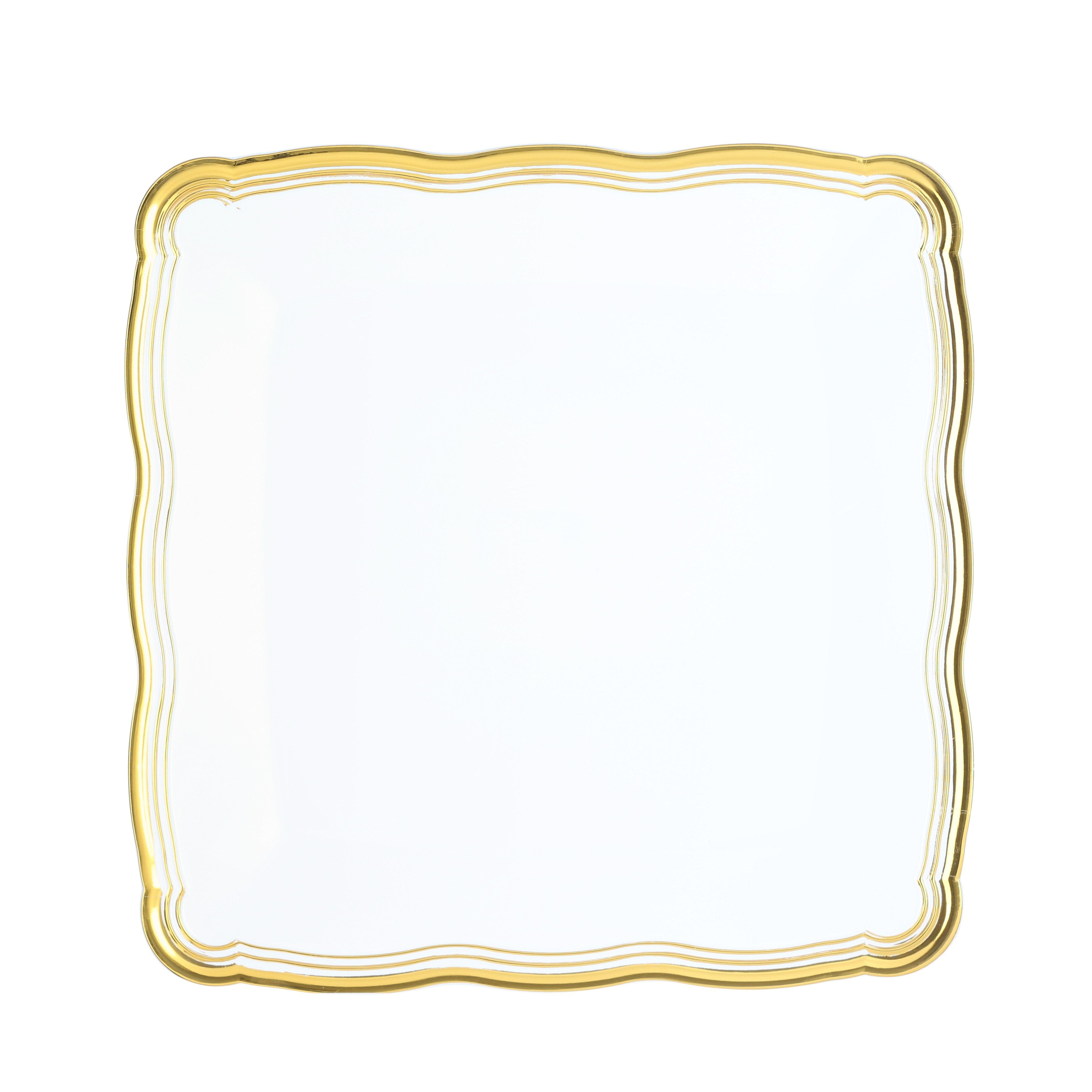 12 X 12 Inch Square White and Gold Rim Plastic Serving Tray 6 Pack