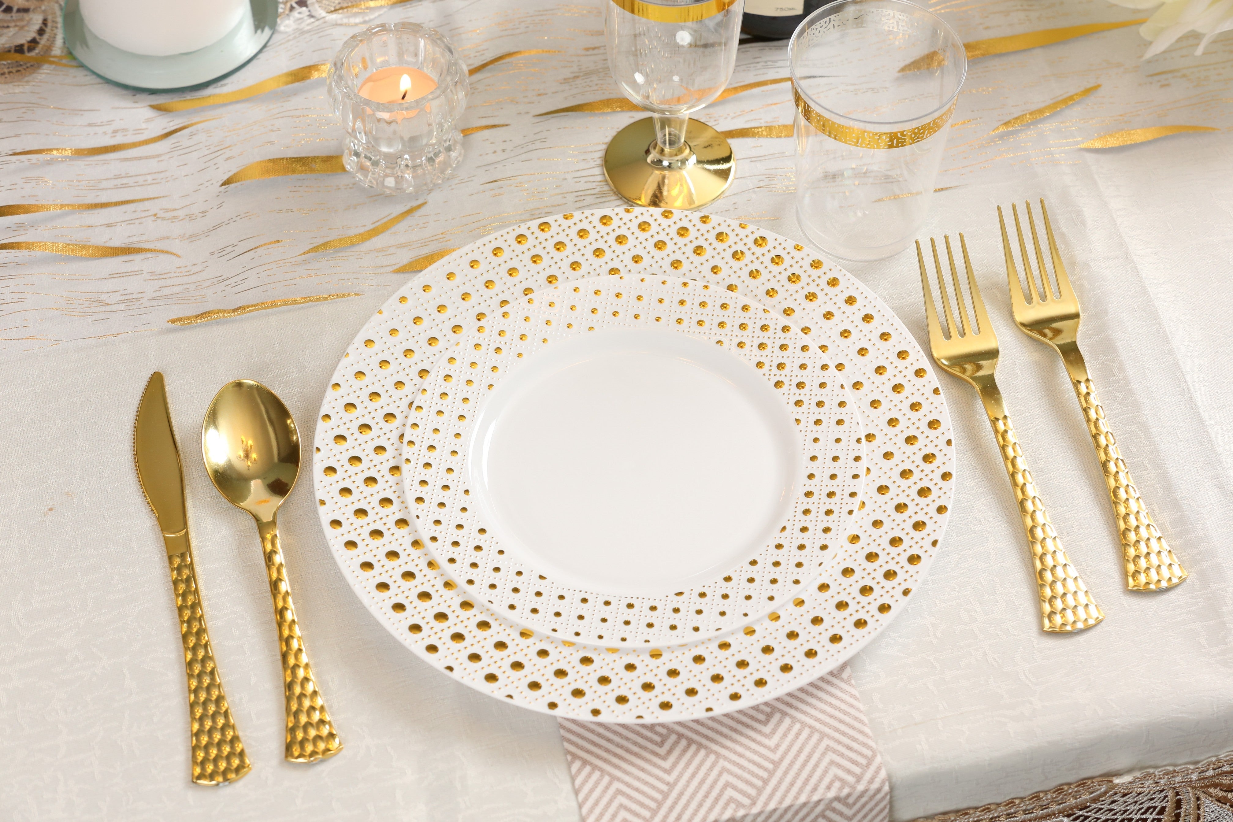 White and Gold Round Plastic Plates - Sphere
