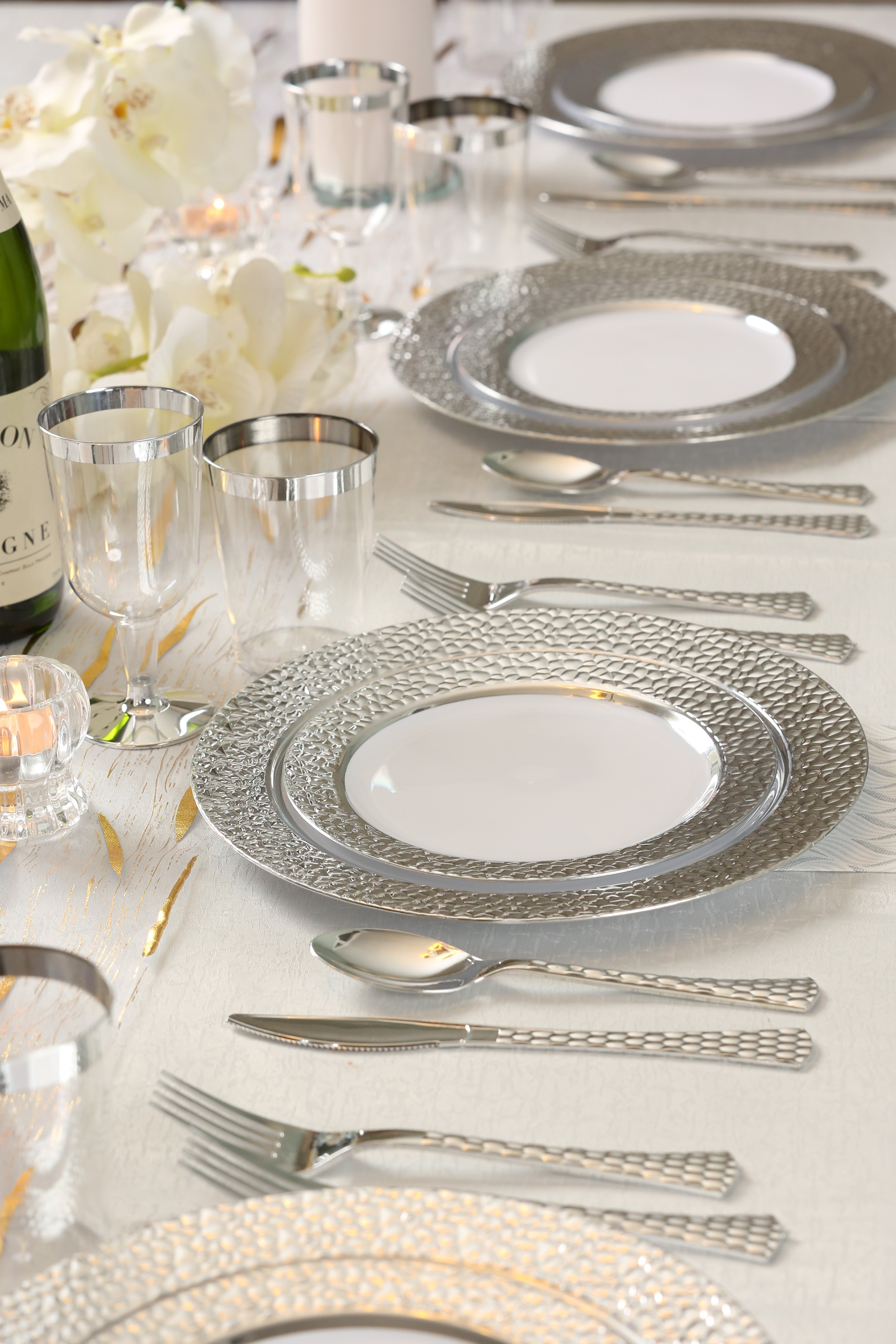 White and Silver Round Plastic Plates - Hammered