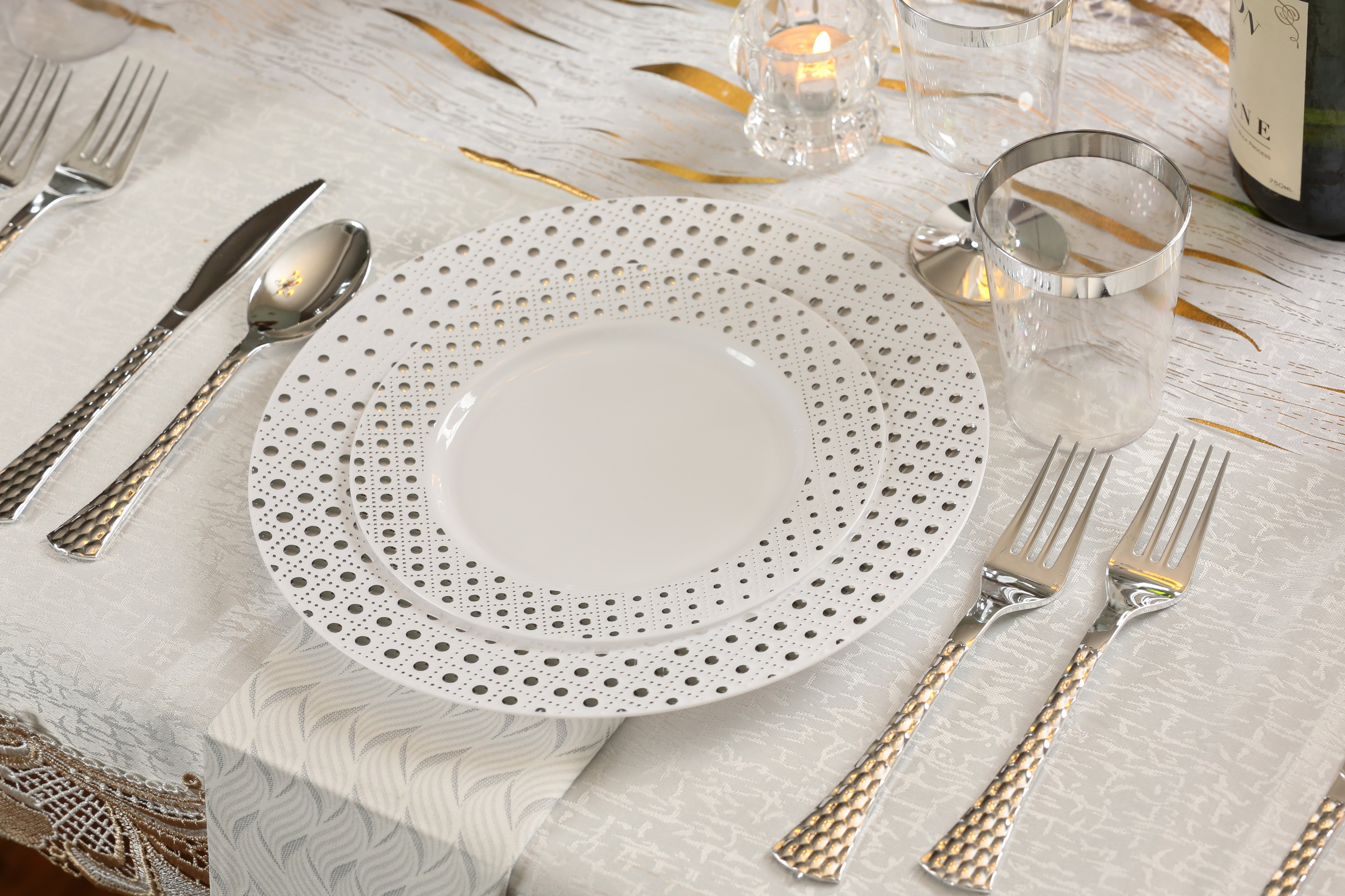 White and Silver Round Plastic Plates - Sphere