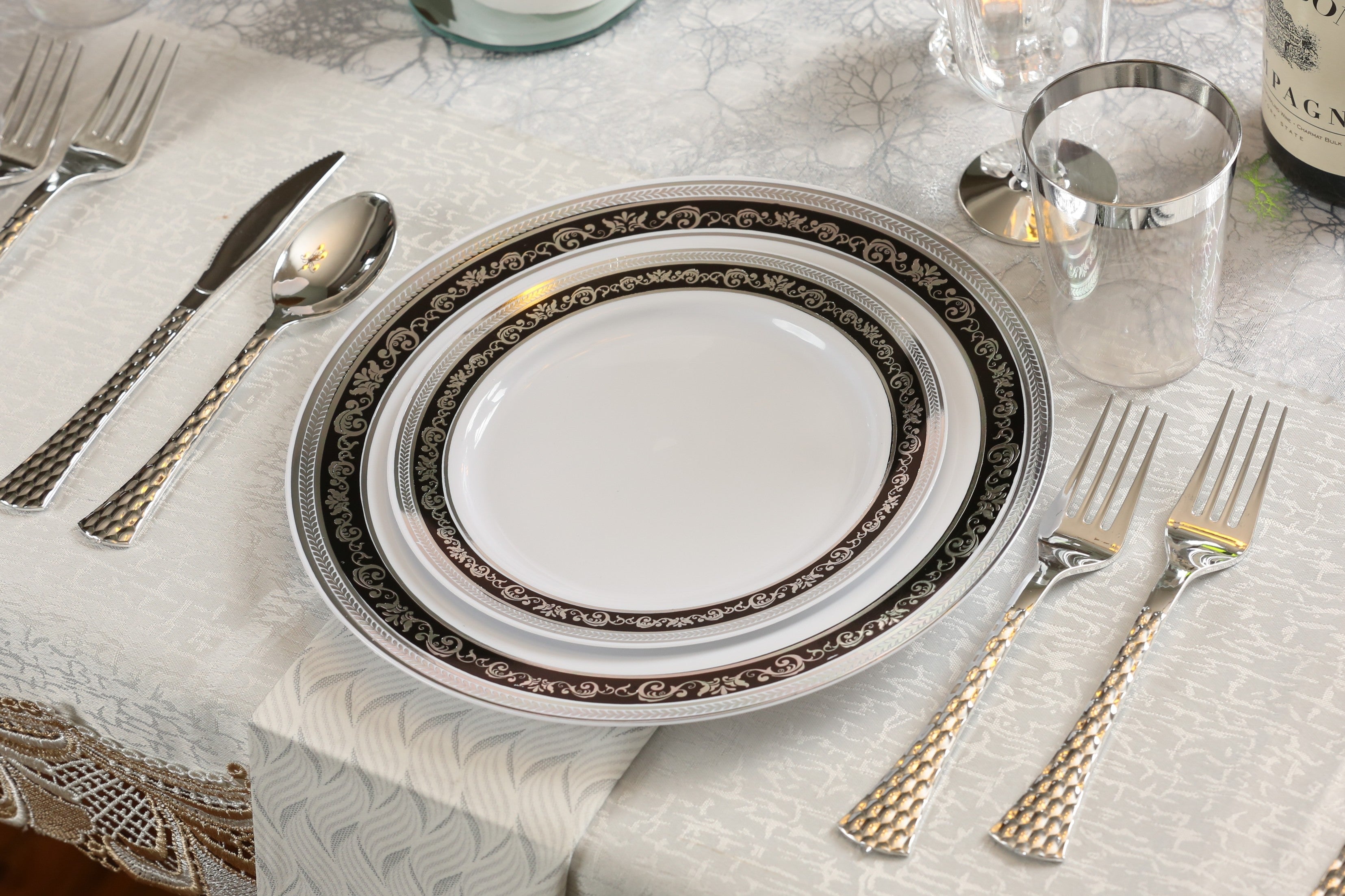 Black and Silver Round Plastic Plates - Royal