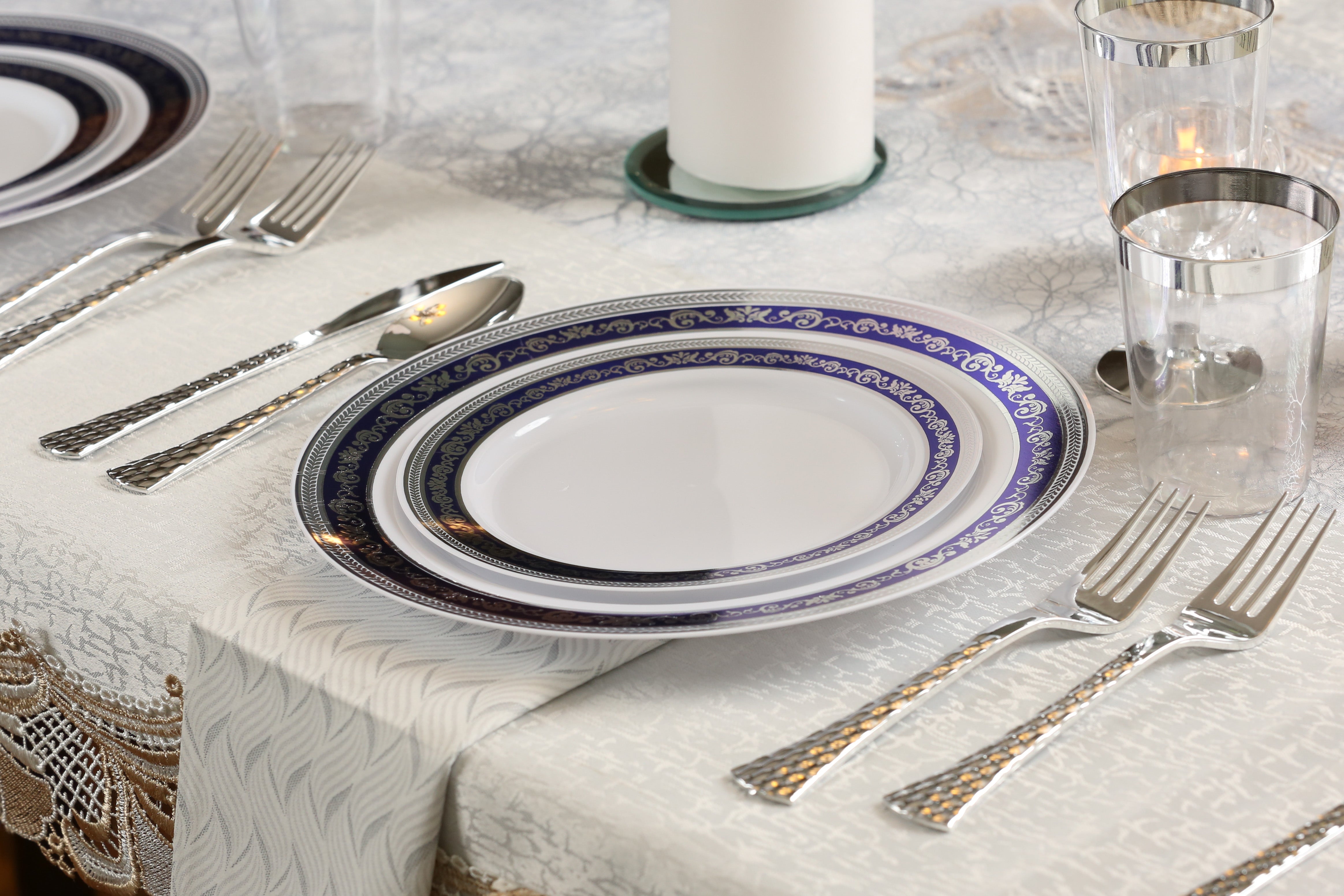 Blue and Silver Round Plastic Plates - Royal
