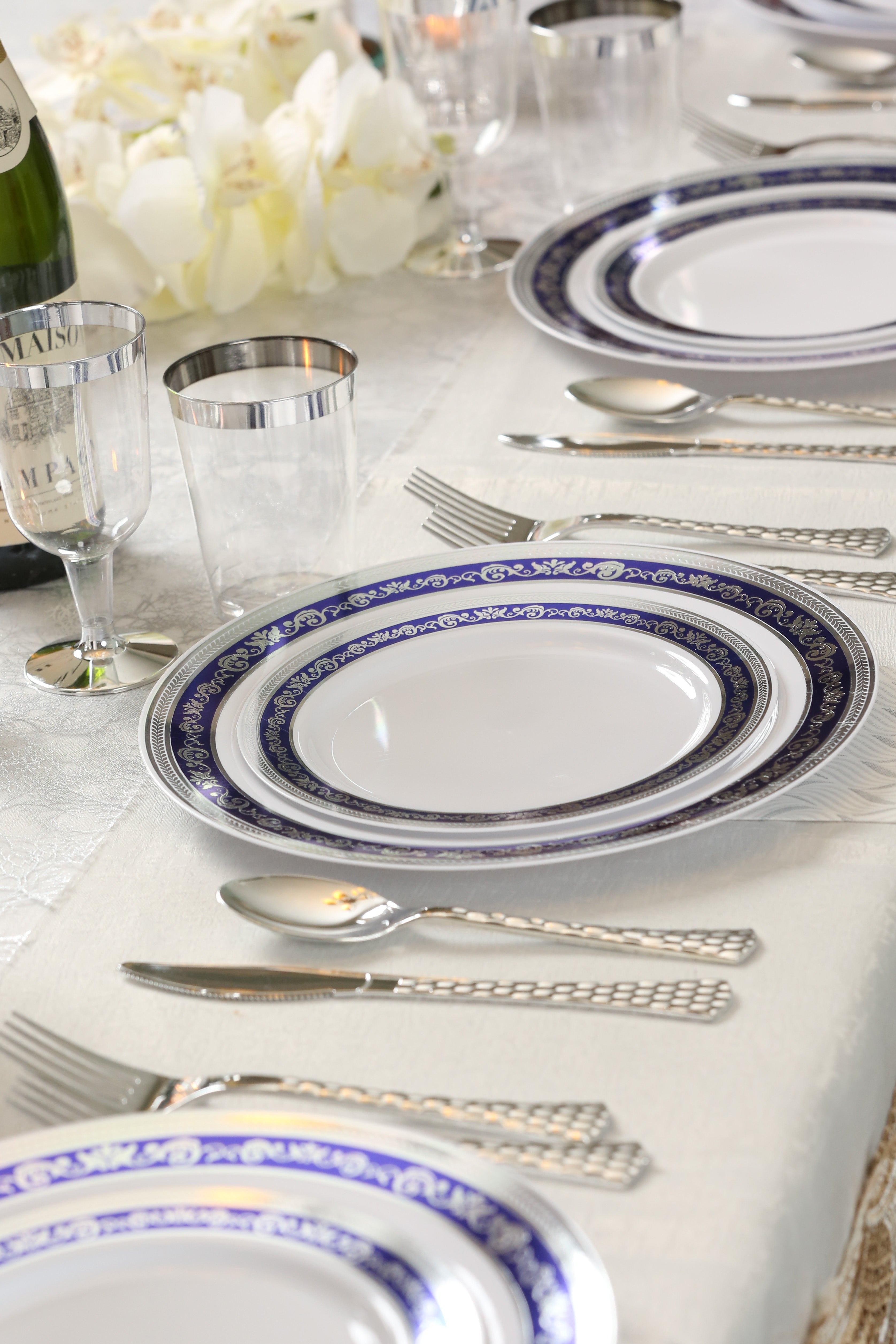 Blue and Silver Round Plastic Plates - Royal