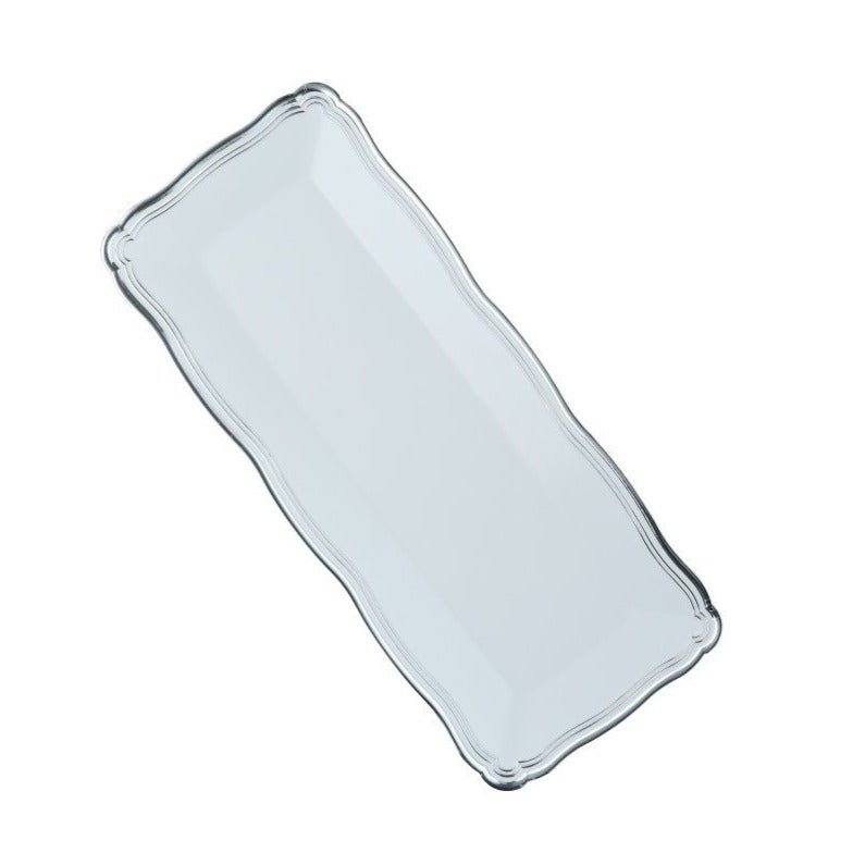 13.75 X 6 Inch Rectangle White and Silver Rim Plastic Serving Tray