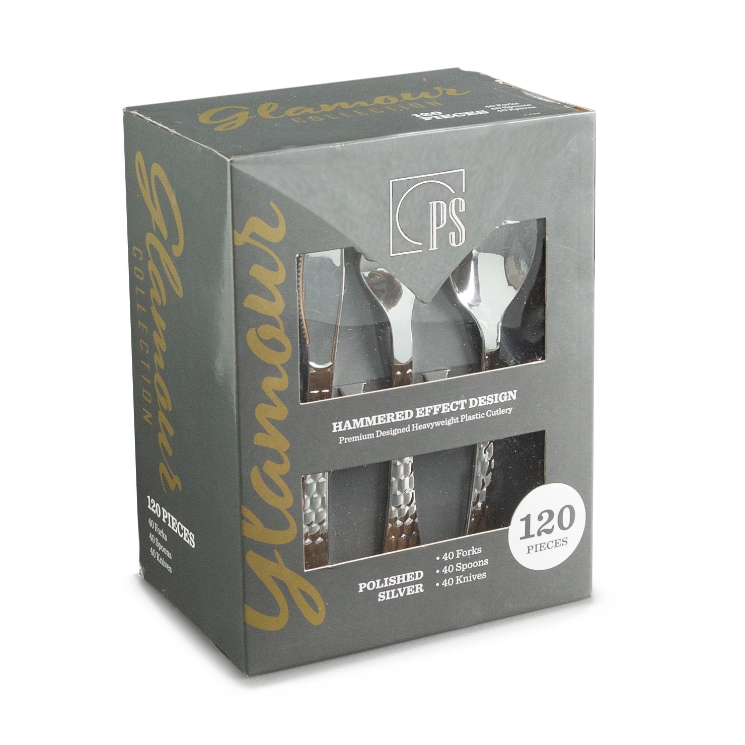 120 Piece Disposable Silver Plastic Silverware Combo Set (40 Settings) - Glamour