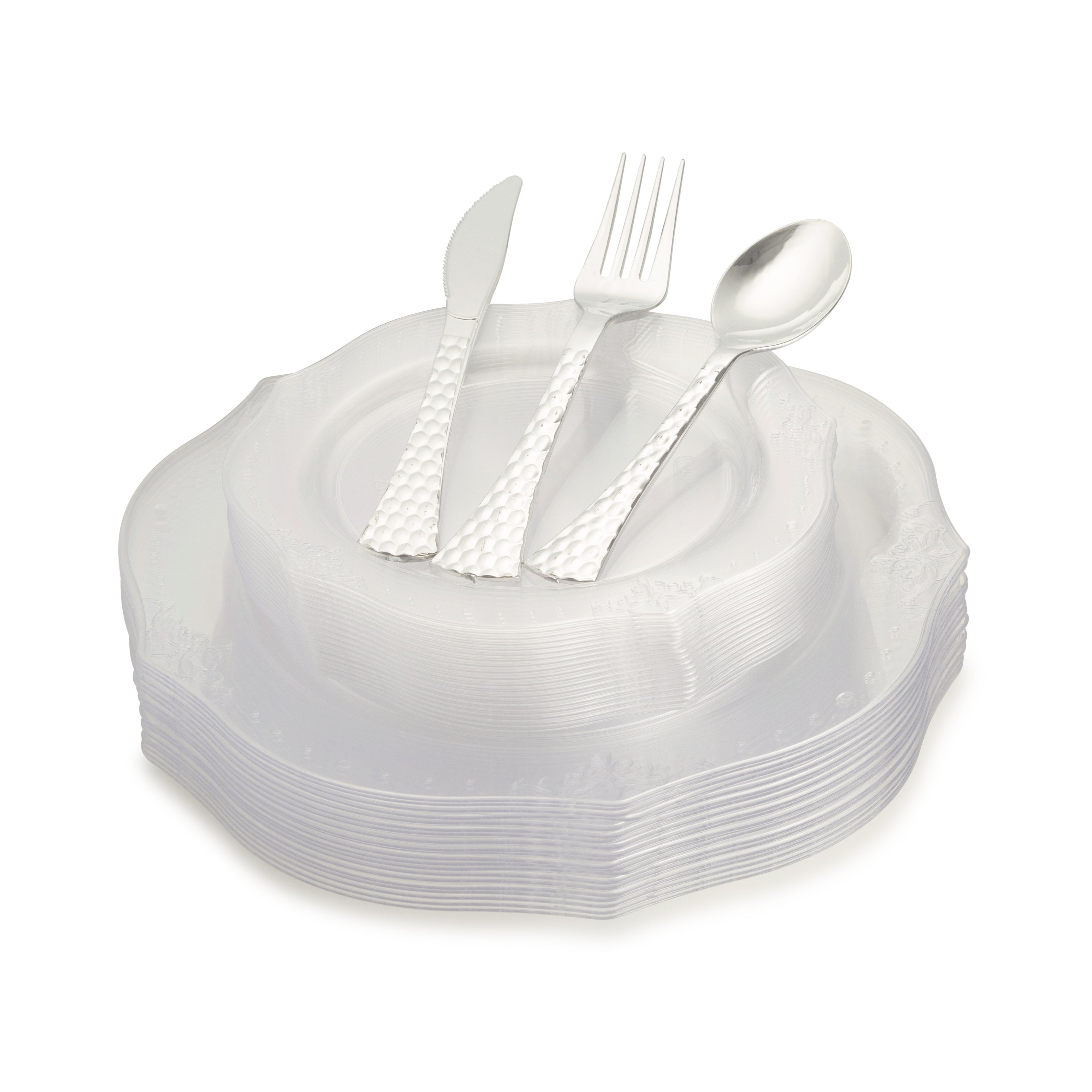 100 Piece Clear Round Plastic Dinnerware and Silverware value set (20 Servings) - Antique