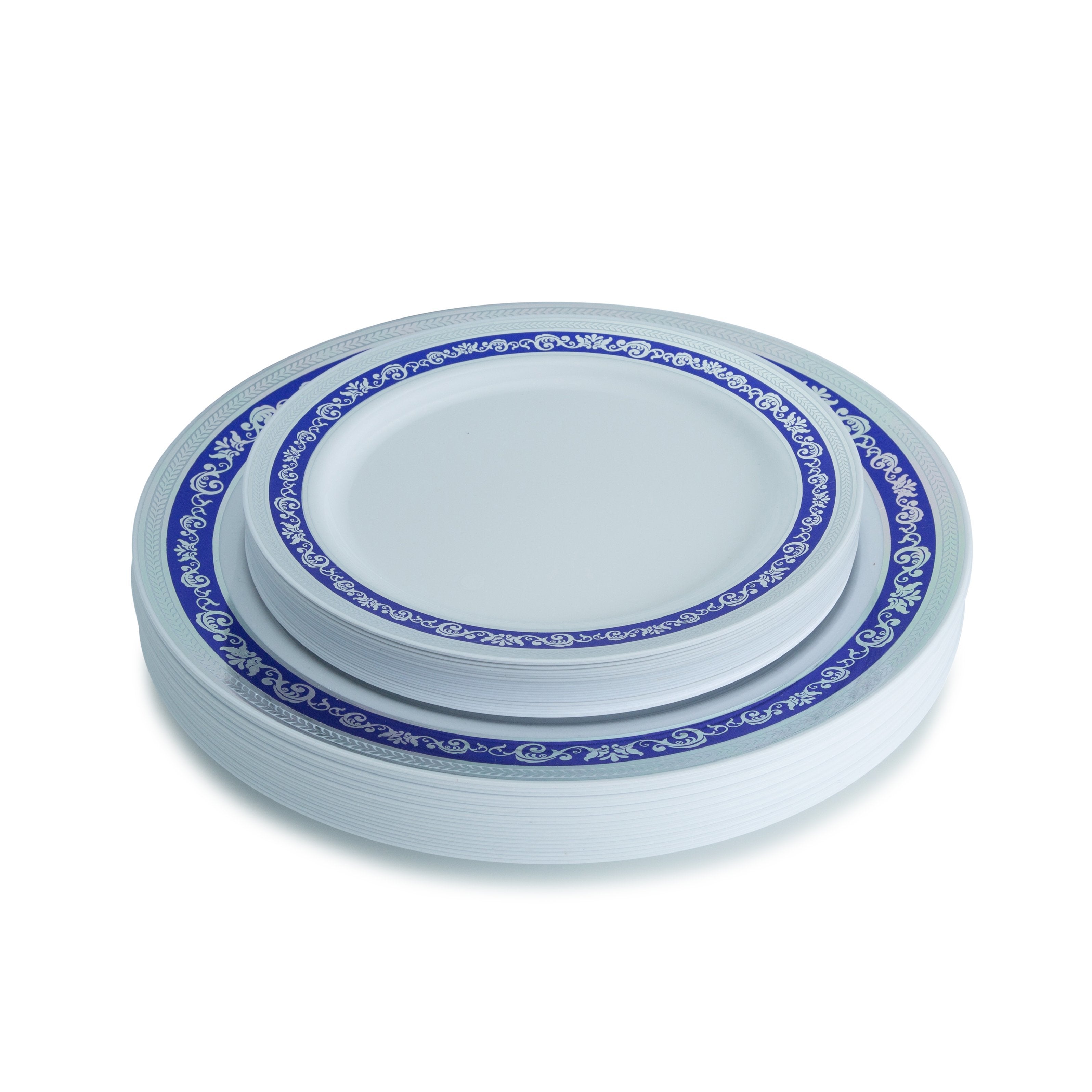40 Pack Blue and Silver Round Plastic Dinnerware Value Set (20 Guests) - Royal