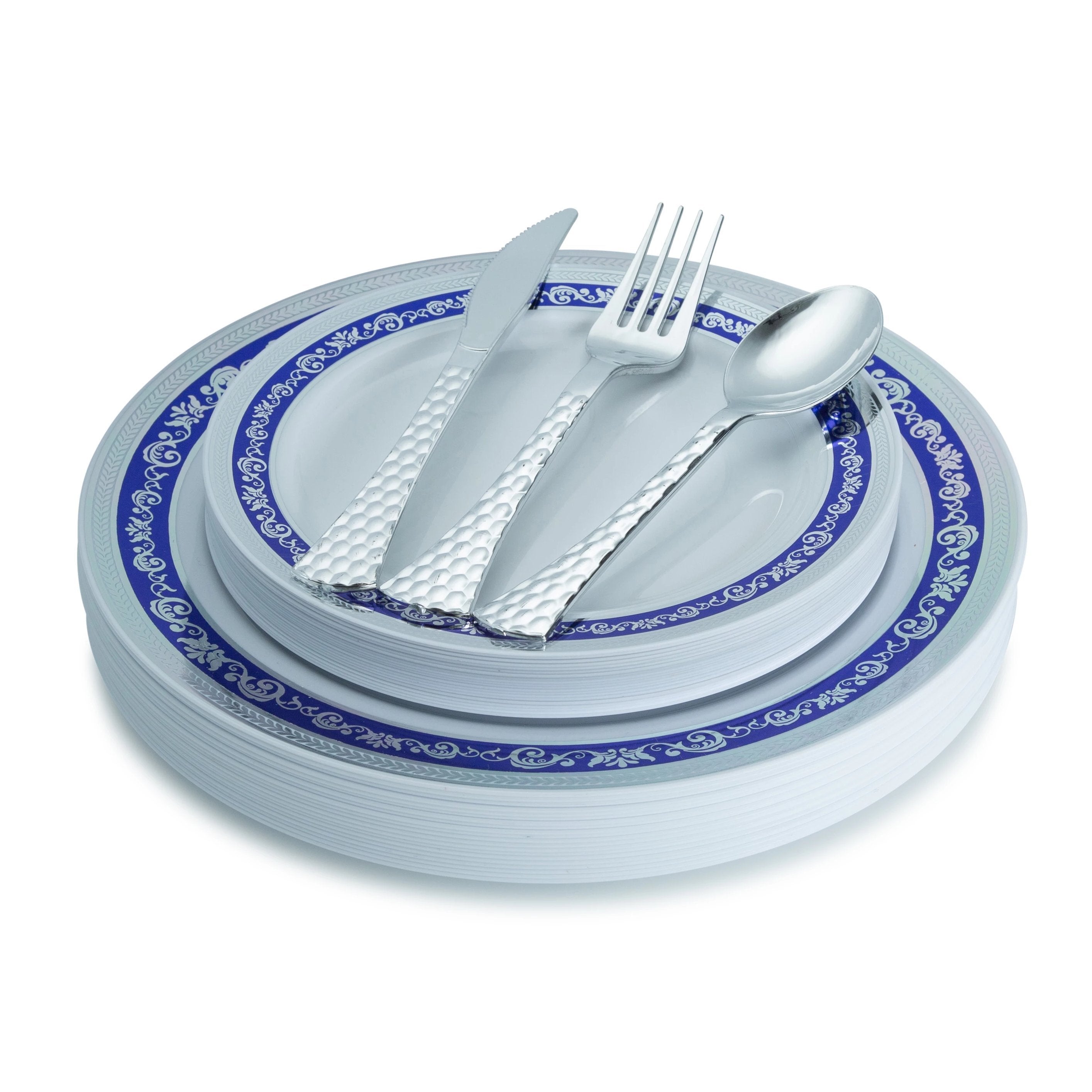 100 Piece Blue and Silver Round Plastic Dinnerware and Silverware Value Set (20 Guests) - Royal