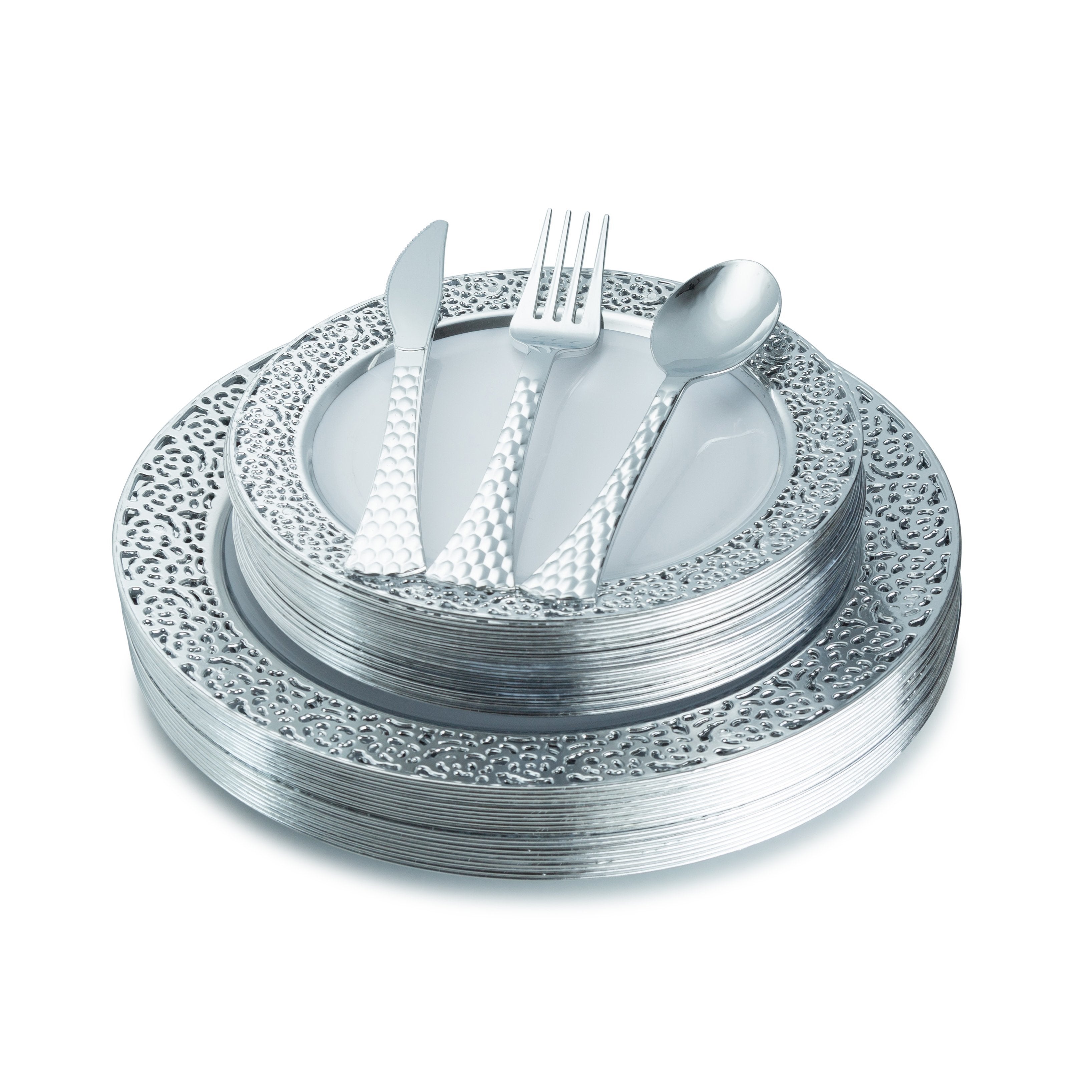100 Piece White and Silver Round Plastic Dinnerware and Silverware value set (20 Servings) - Lace