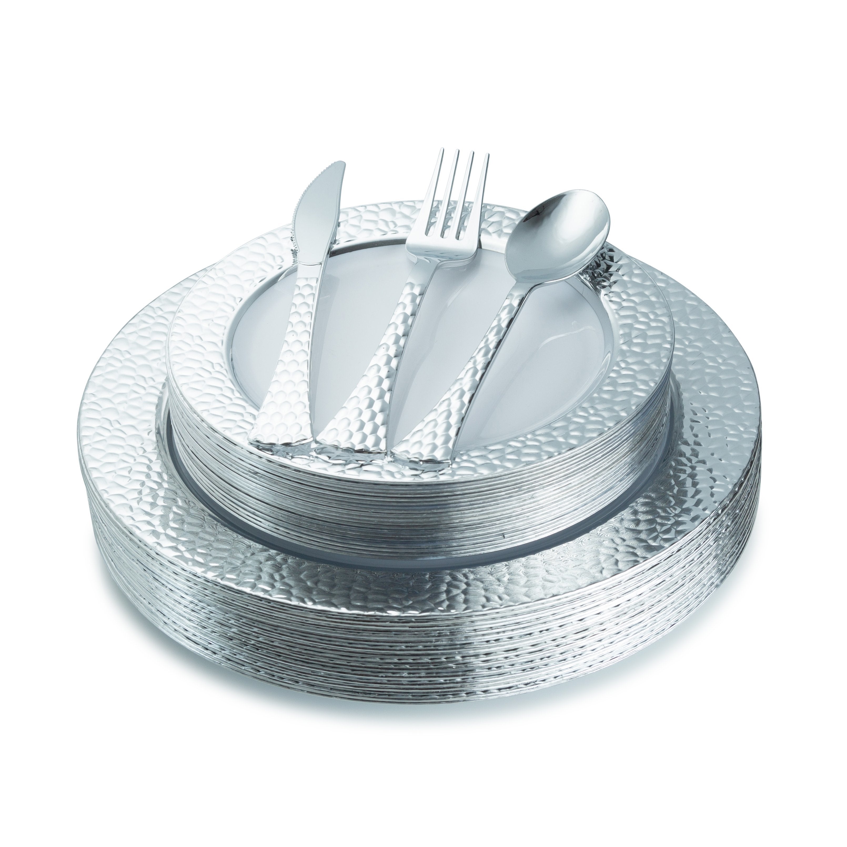 100 Piece White and Silver Round Plastic Dinnerware and Silverware Value Set (20 Guests) - Hammered