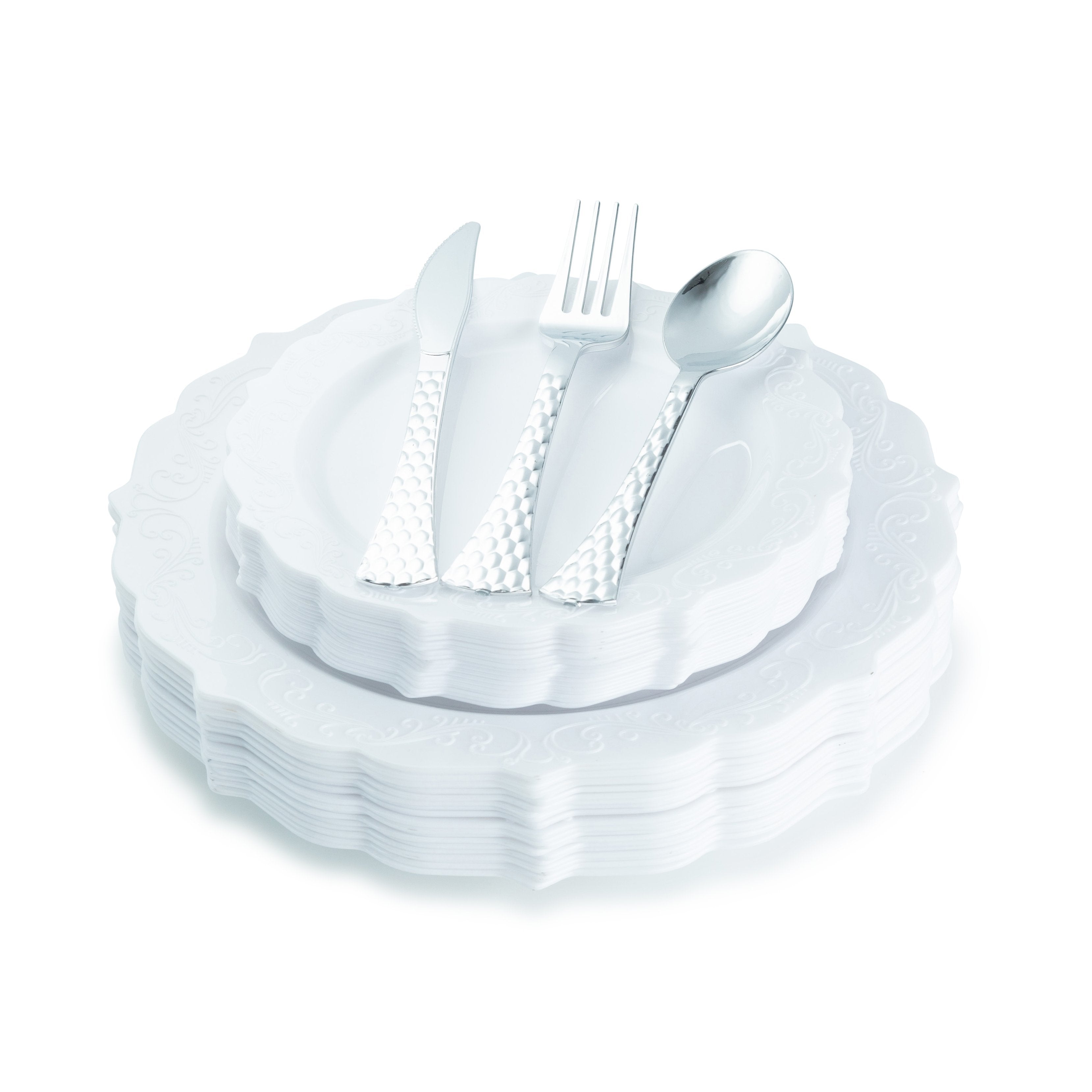 100 Piece White Round Plastic Dinnerware and Silverware value set (20 Servings) - Elegant