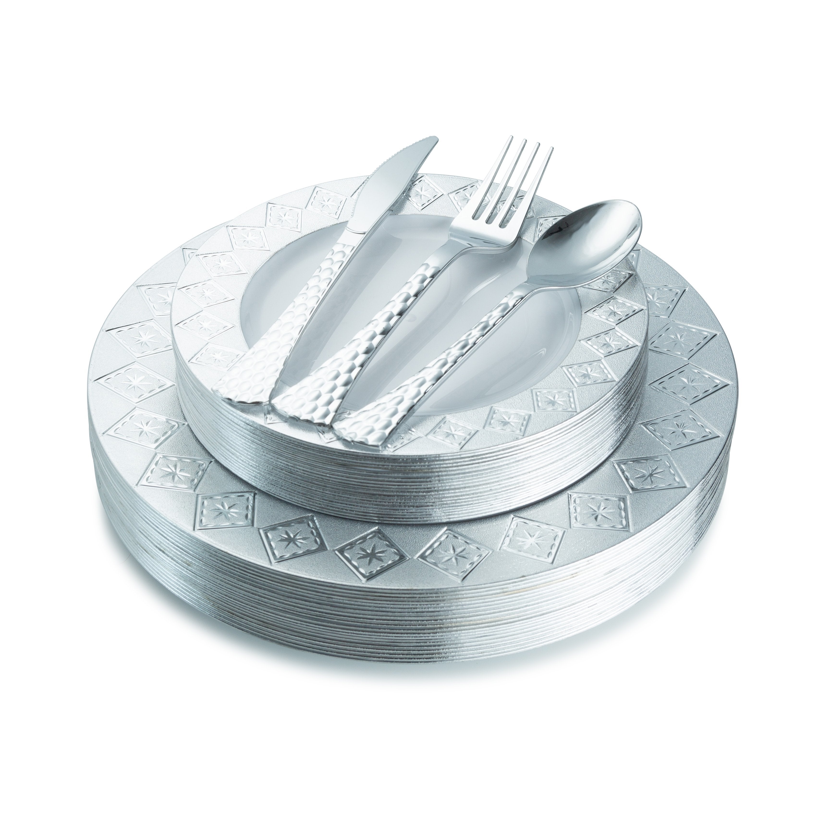 100 Piece White and Silver Round Plastic Dinnerware and Silverware Value Set (20 Servings) - Imperial
