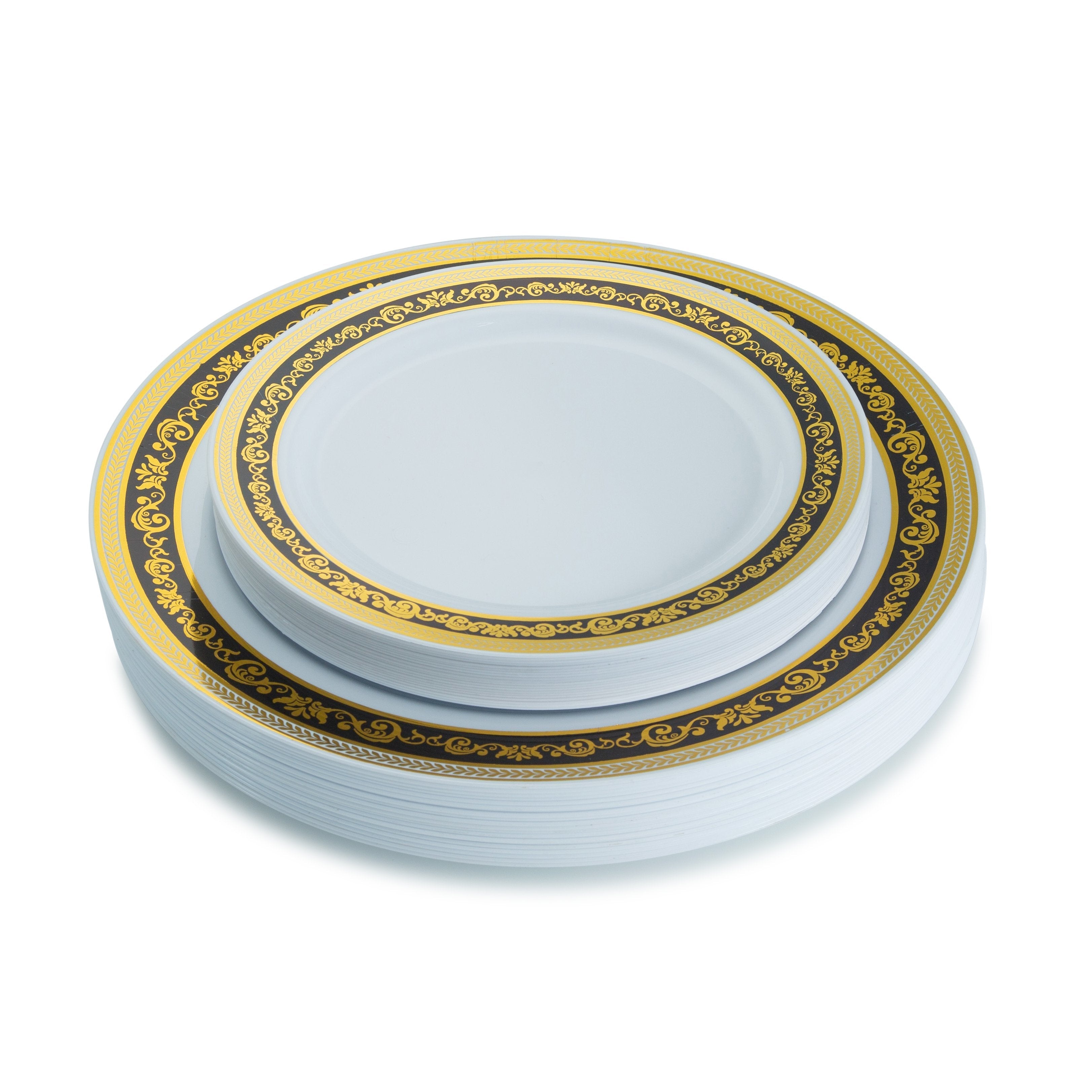 40 Pack Black and Gold Round Plastic Dinnerware Value Set (20 Guests) - Royal