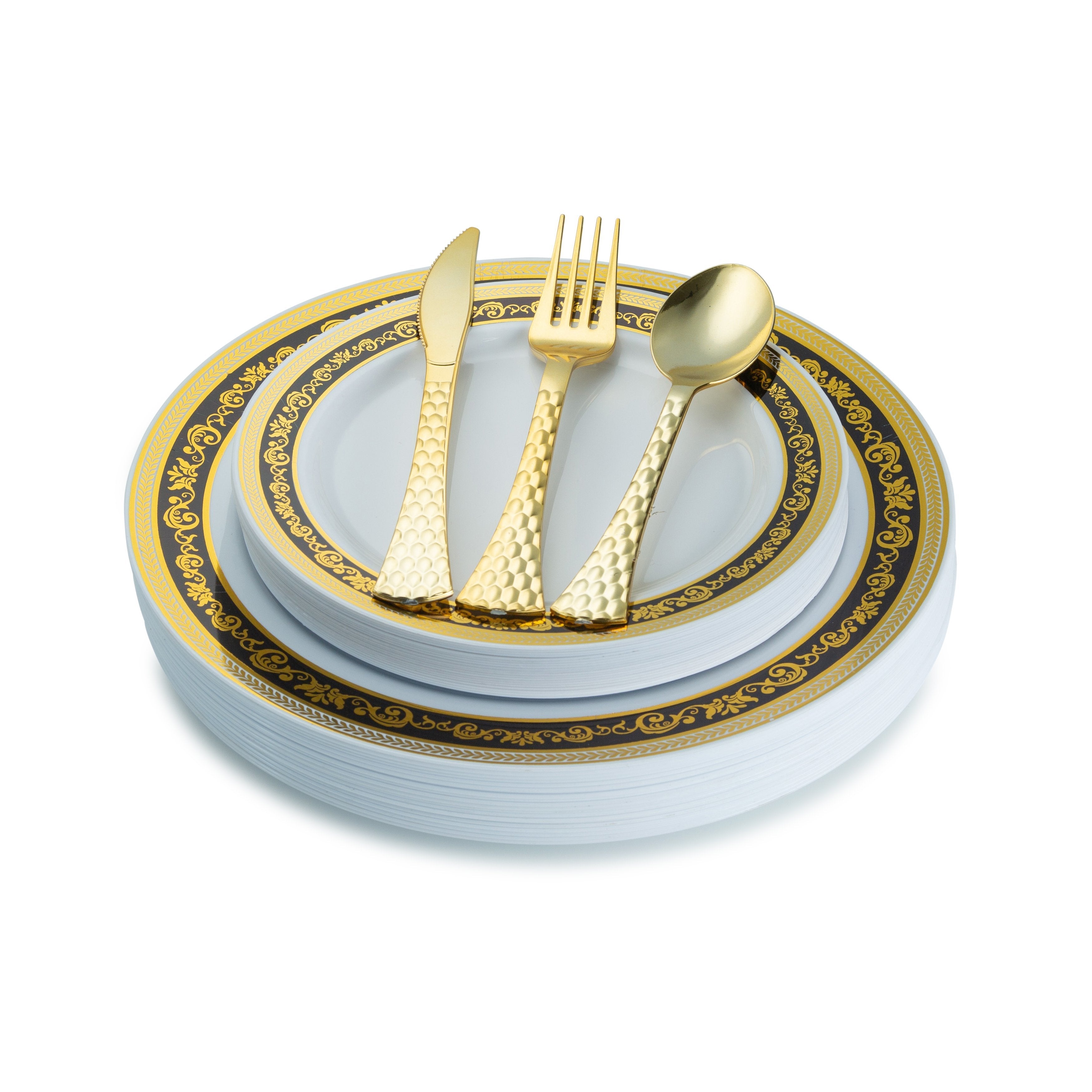 100 Piece Black and Gold Round Plastic Dinnerware and Silverware Value Set (20 Guests) - Royal