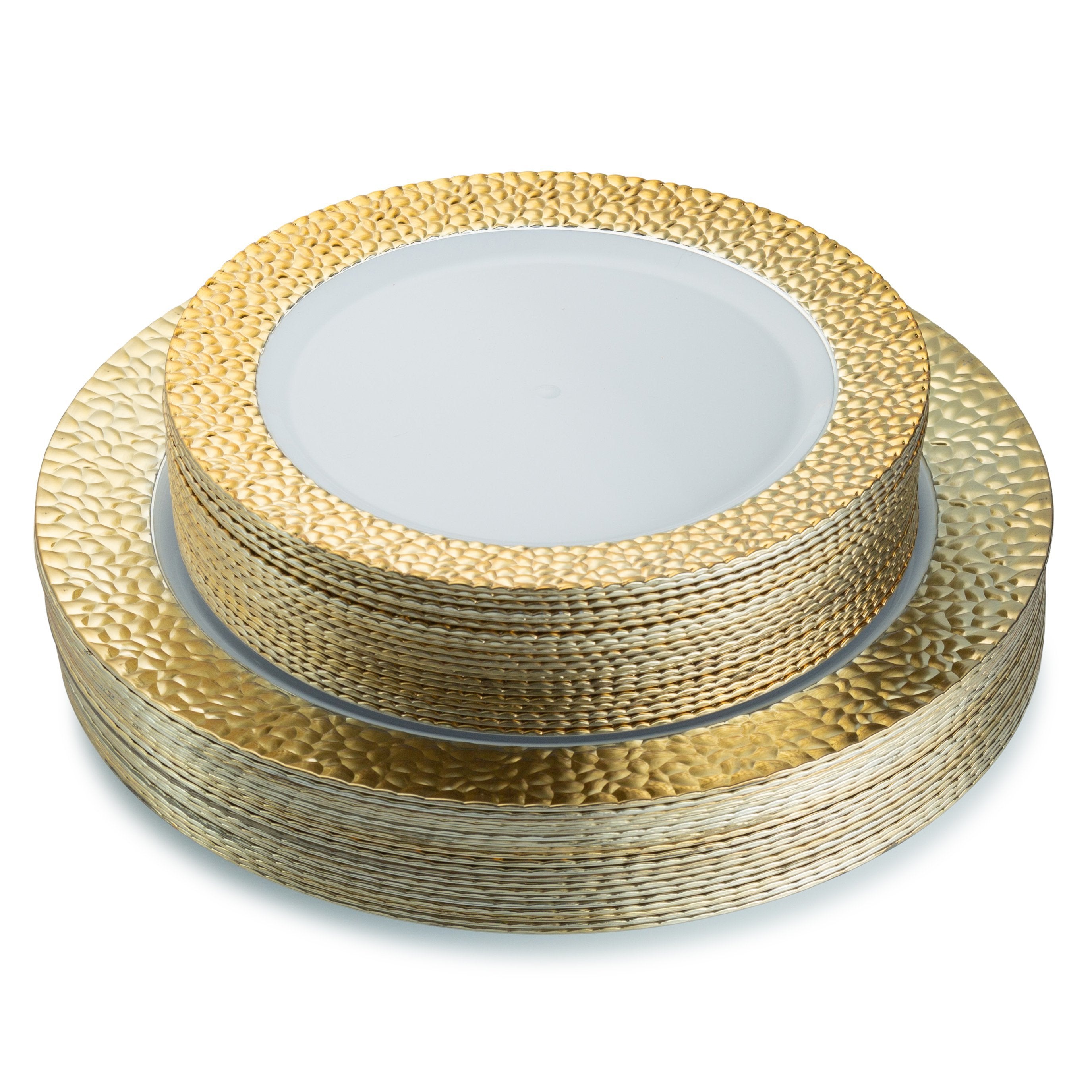 40 Piece Combo Pack White and Gold Round Plastic Dinnerware Value Set - Hammered