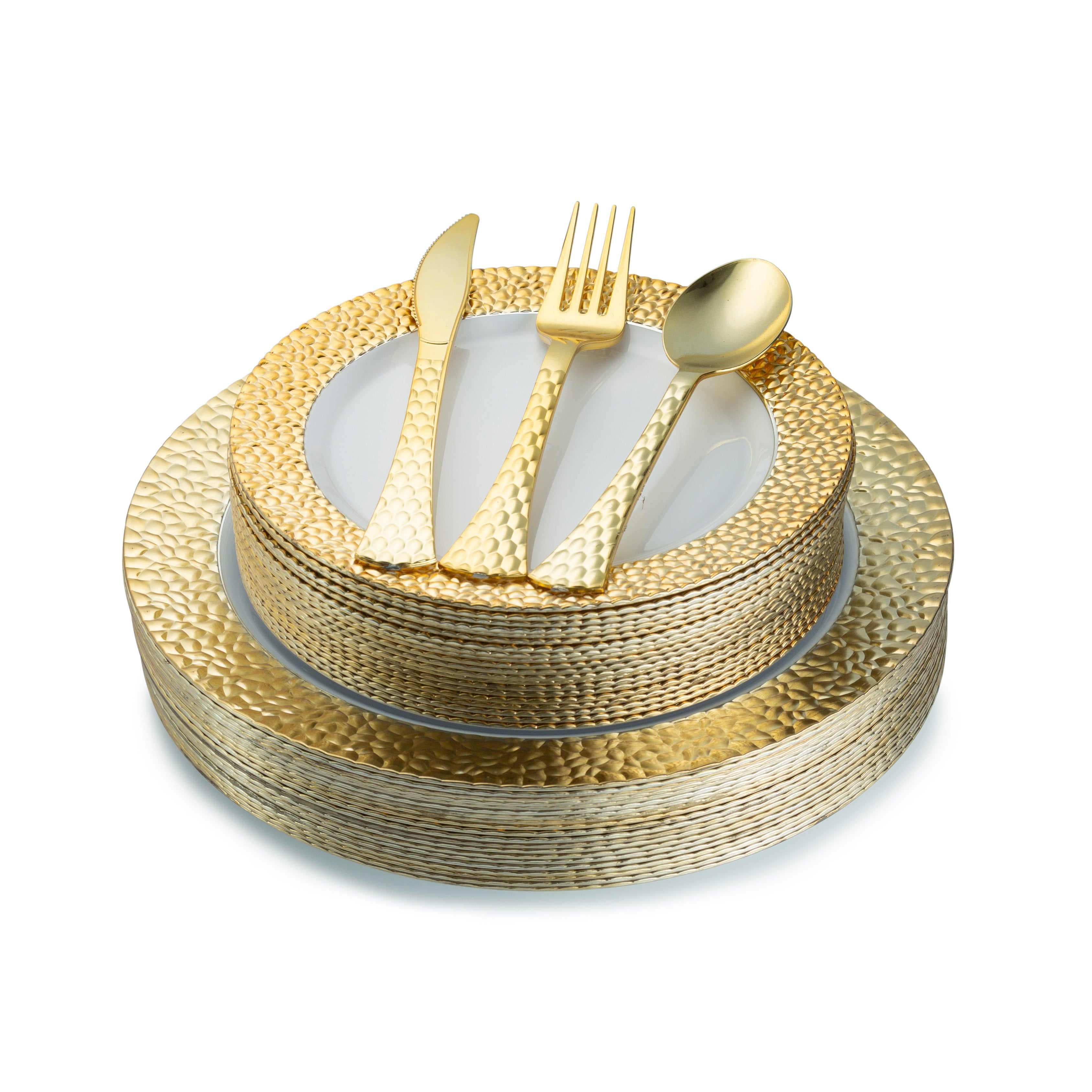 100 Piece White and Gold Round Plastic Dinnerware Value Set (20 Guests) - Hammered