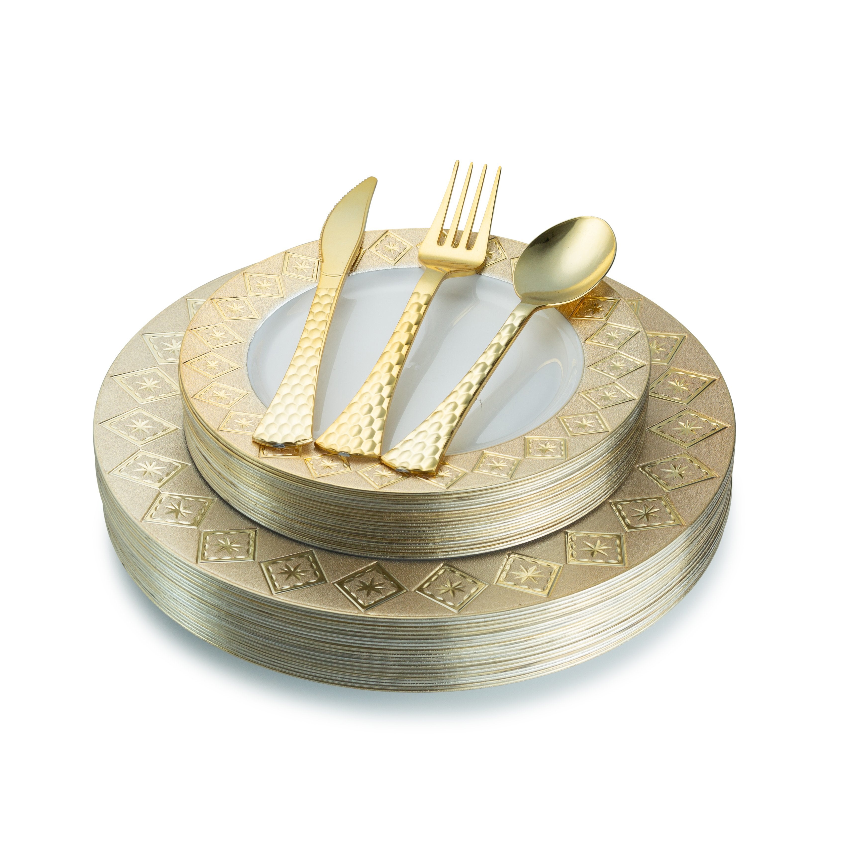 100 Piece White and Gold Round Plastic Dinnerware and Silverware Value Set (20 Servings) - Imperial