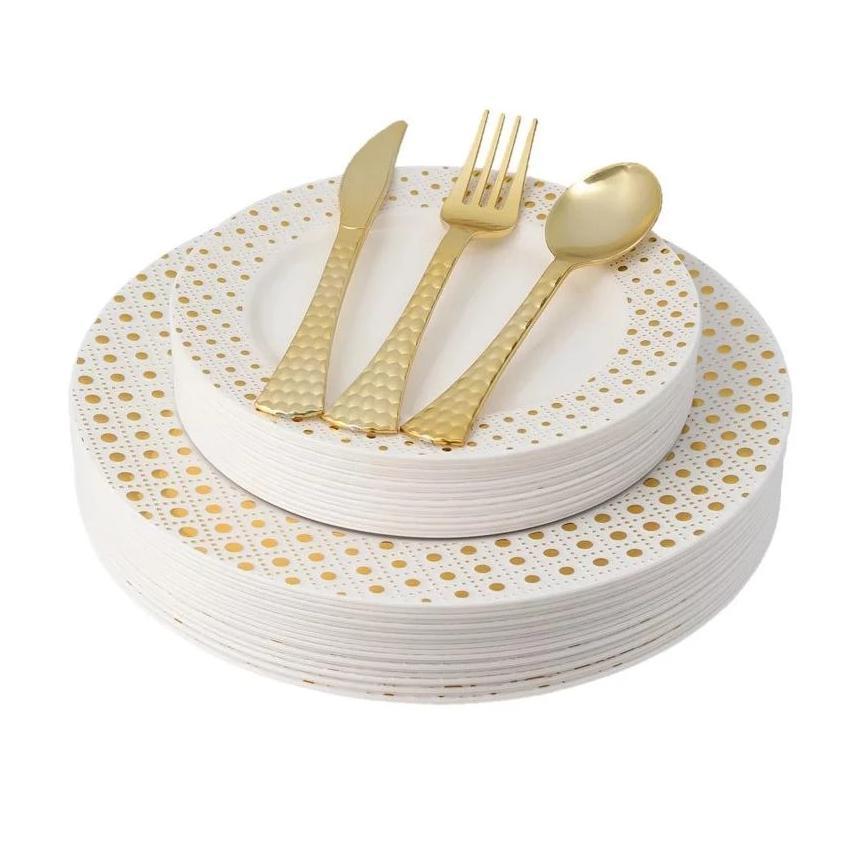 100 Piece Gold and White Round Plastic Dinnerware and Silverware value set (20 Servings) - Sphere