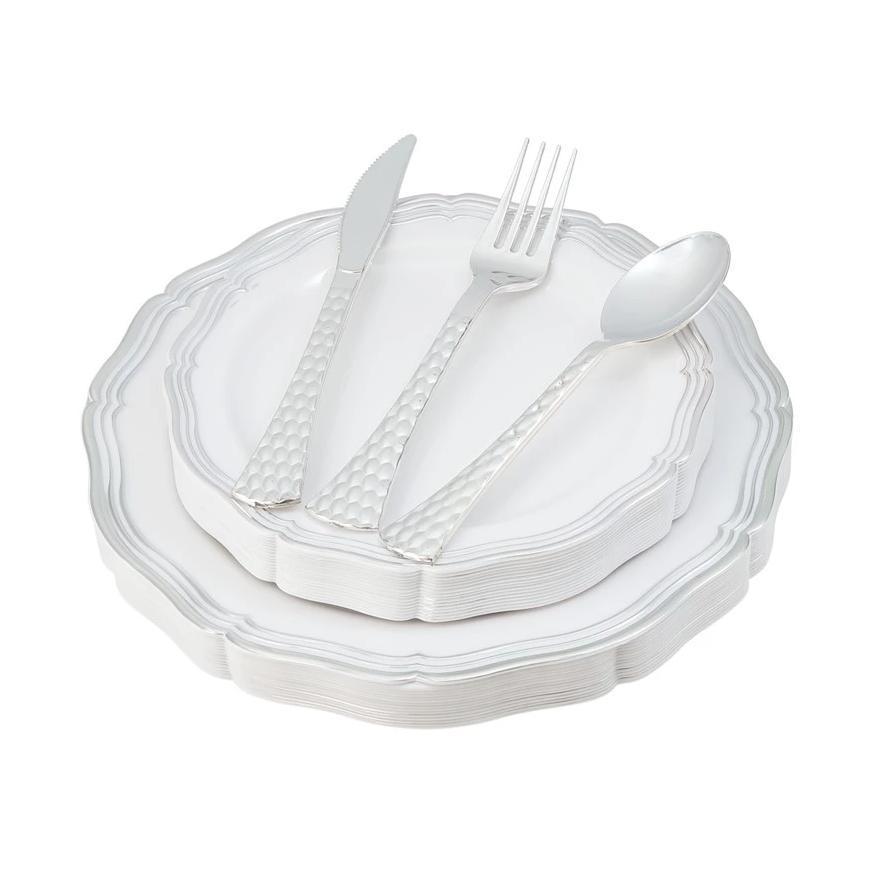 100 Piece White and Silver Round Plastic Dinnerware and Silverware Value sSet (20 Servings) - Aristocrat