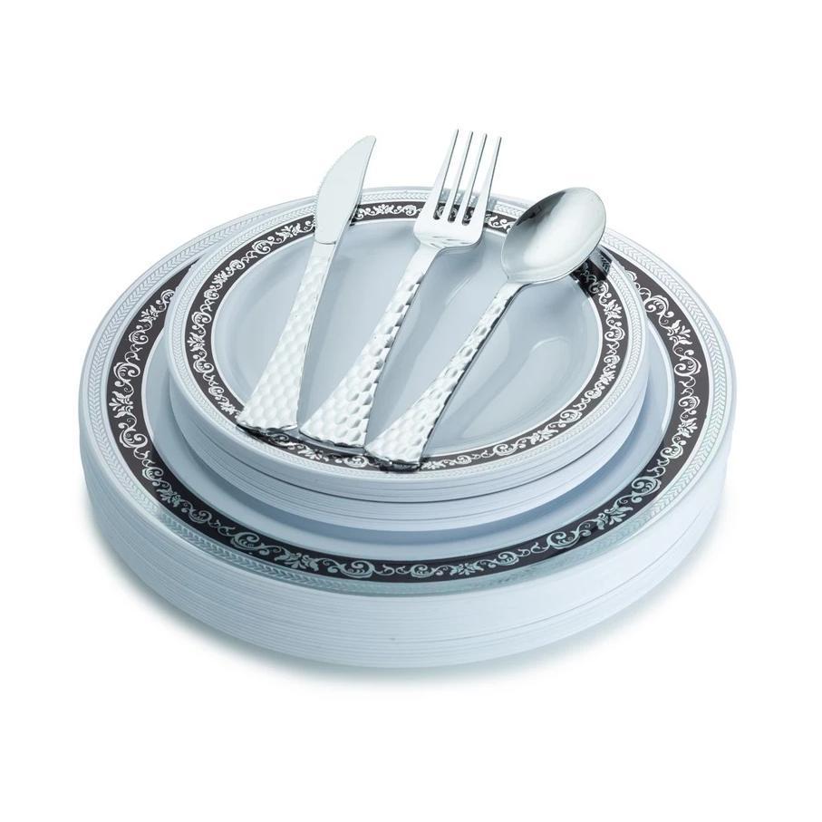 100 Piece Black and Silver Round Plastic Dinnerware and Silverware Value Set (20 Guests) - Royal