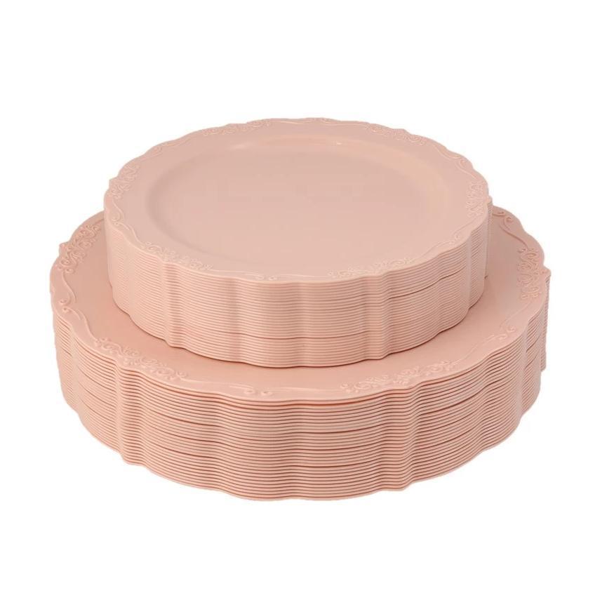 60 Piece Pink Round Plastic Dinnerware Value Set - Vintage
