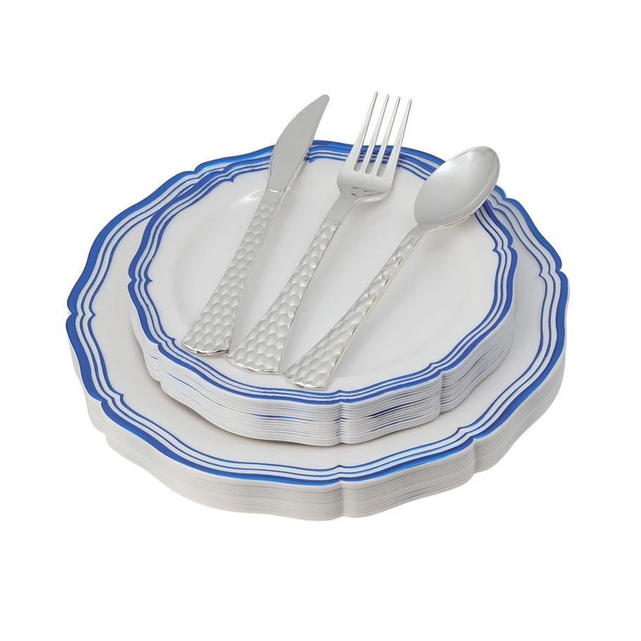 100 Piece White and Blue Round Plastic Dinnerware and Silverware value set (20 Servings) - Aristocrat