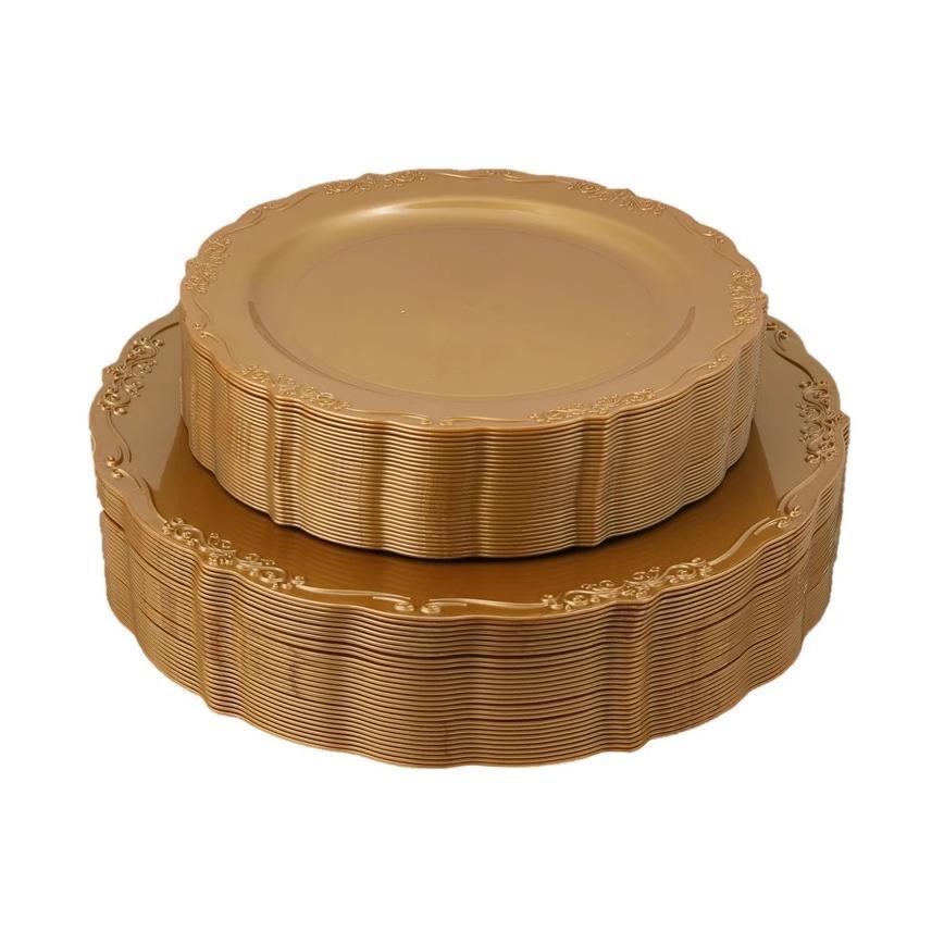 60 Piece Gold Round Plastic Dinnerware Value Set - Vintage