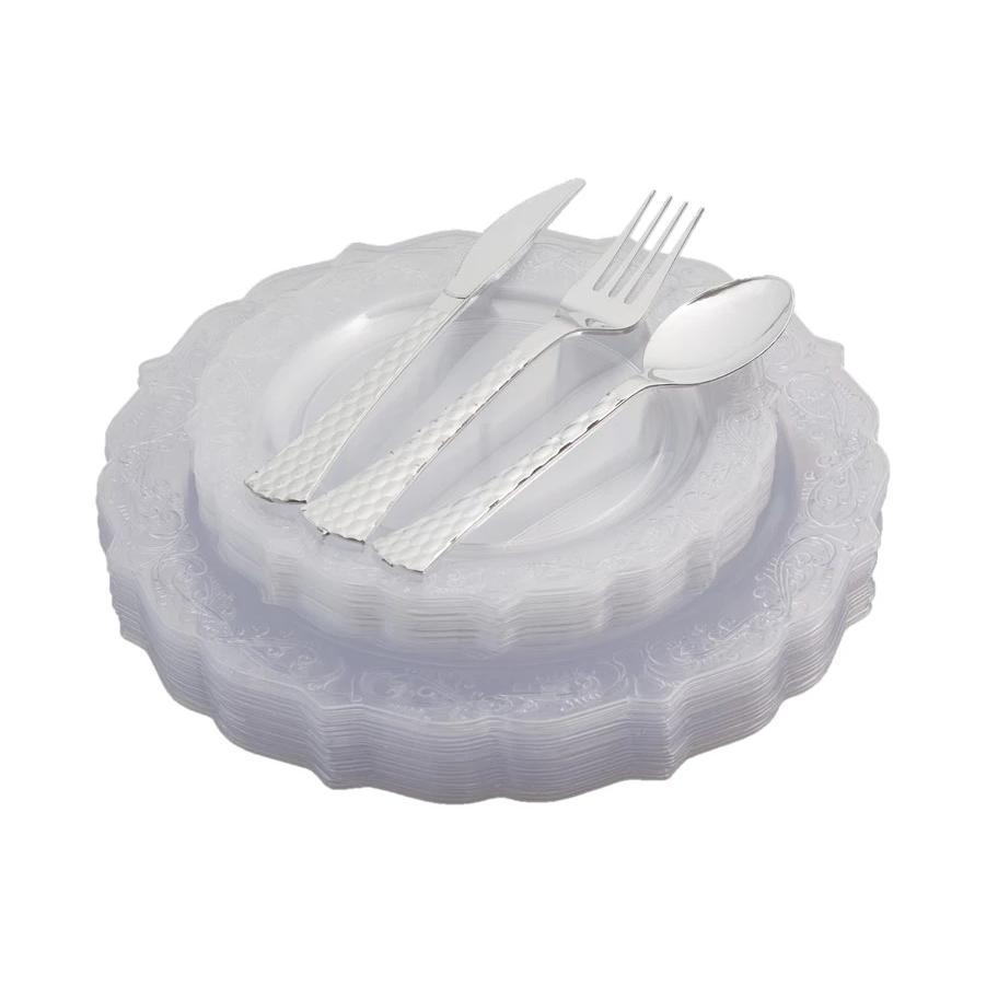 100 Piece Clear Round Plastic Dinnerware and Silverware value set (20 Servings) - Elegant