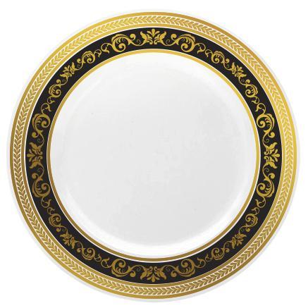 Black and Gold Round Plastic Plates - Royal