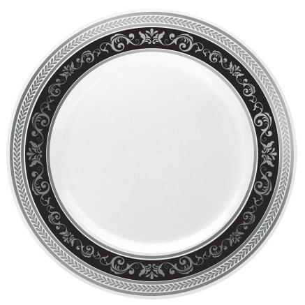 Black and Silver Round Plastic Plates - Royal