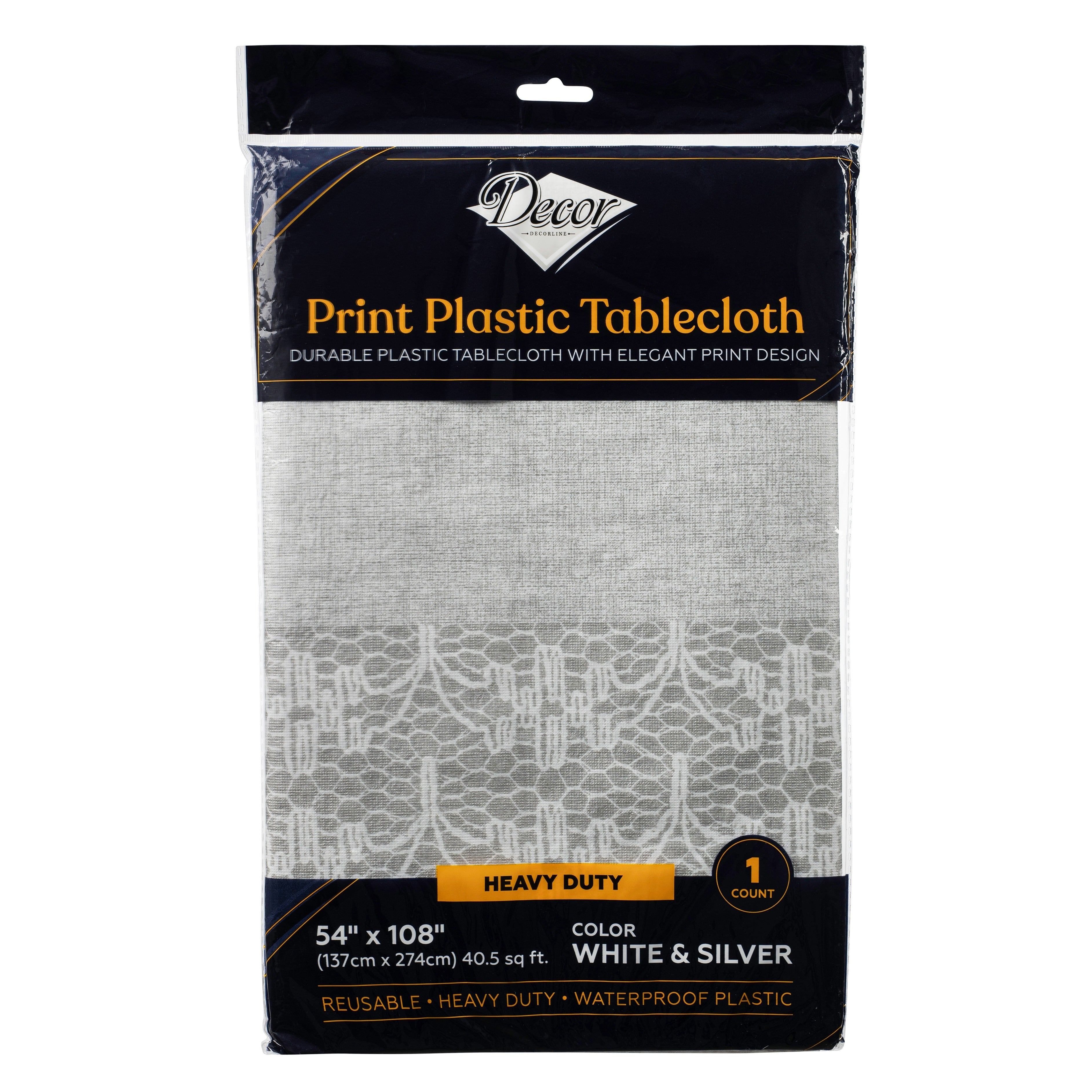 Plastic Tablecloth Print White/Silver 54″x108″