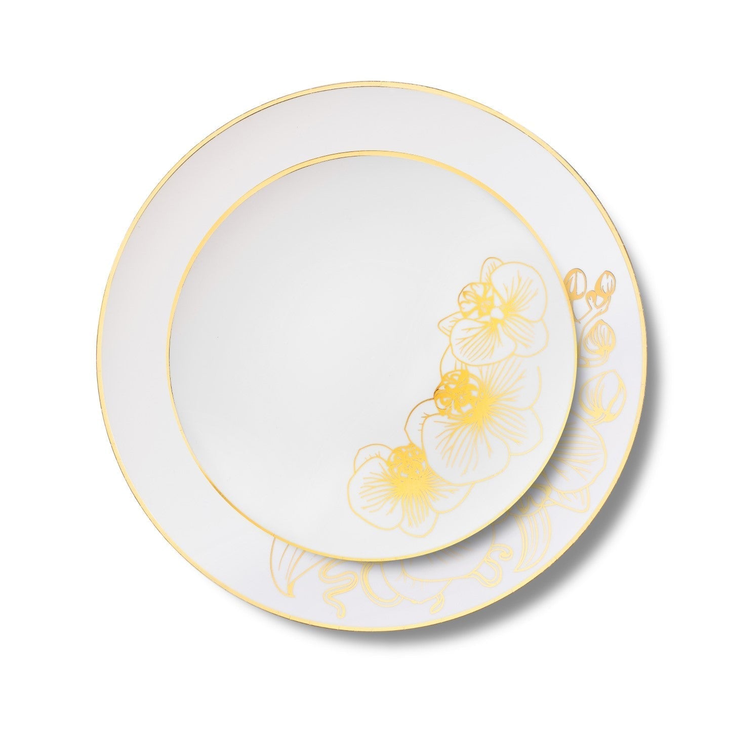 192 Piece Combo White and Gold Round Plastic Dinnerware Set (96 Servings) - Orchid
