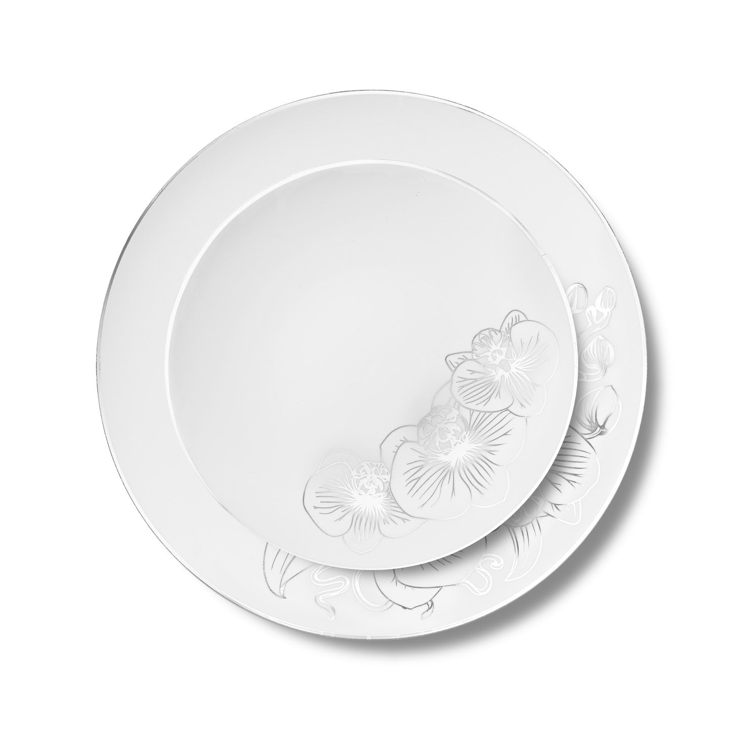 192 Piece Combo White and Silver Round Plastic Dinnerware Set (96 Servings) - Orchid