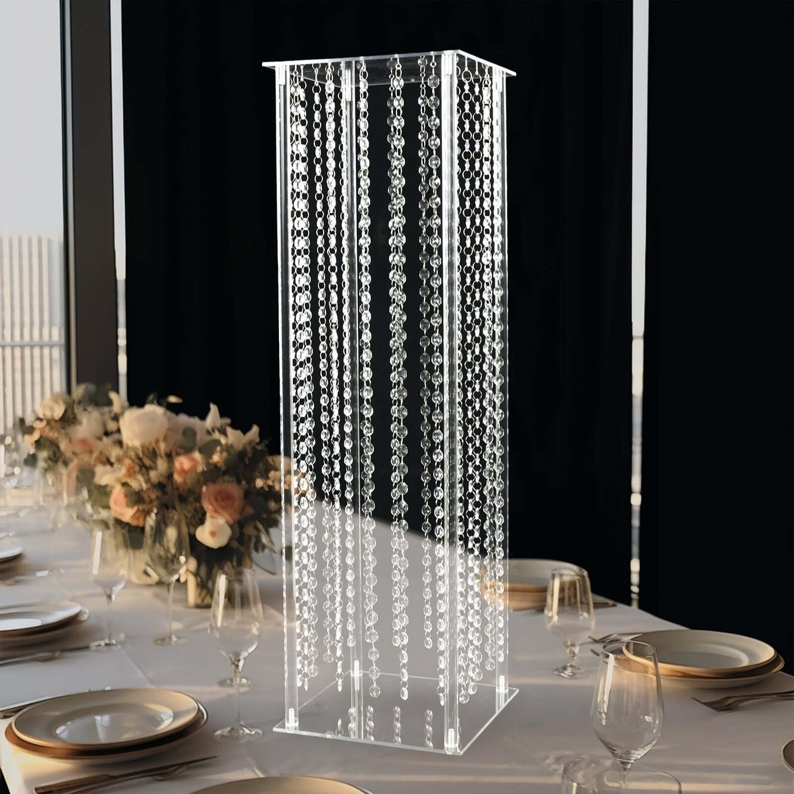 Acrylic Flower Pedestal Vase Pillar Stand with Crystal Beads Clear - Decorative Wedding Floor Centerpiece 32" Decorations HIER_7600
