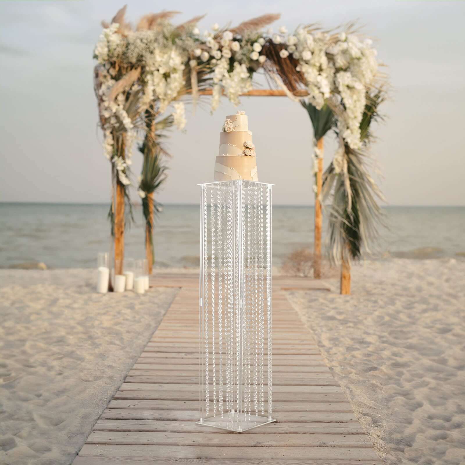 Acrylic Flower Pedestal Vase Pillar Stand with Crystal Beads Clear - Durable Wedding Floor Centerpiece for Large Displays 48" Decorations HIER_7600