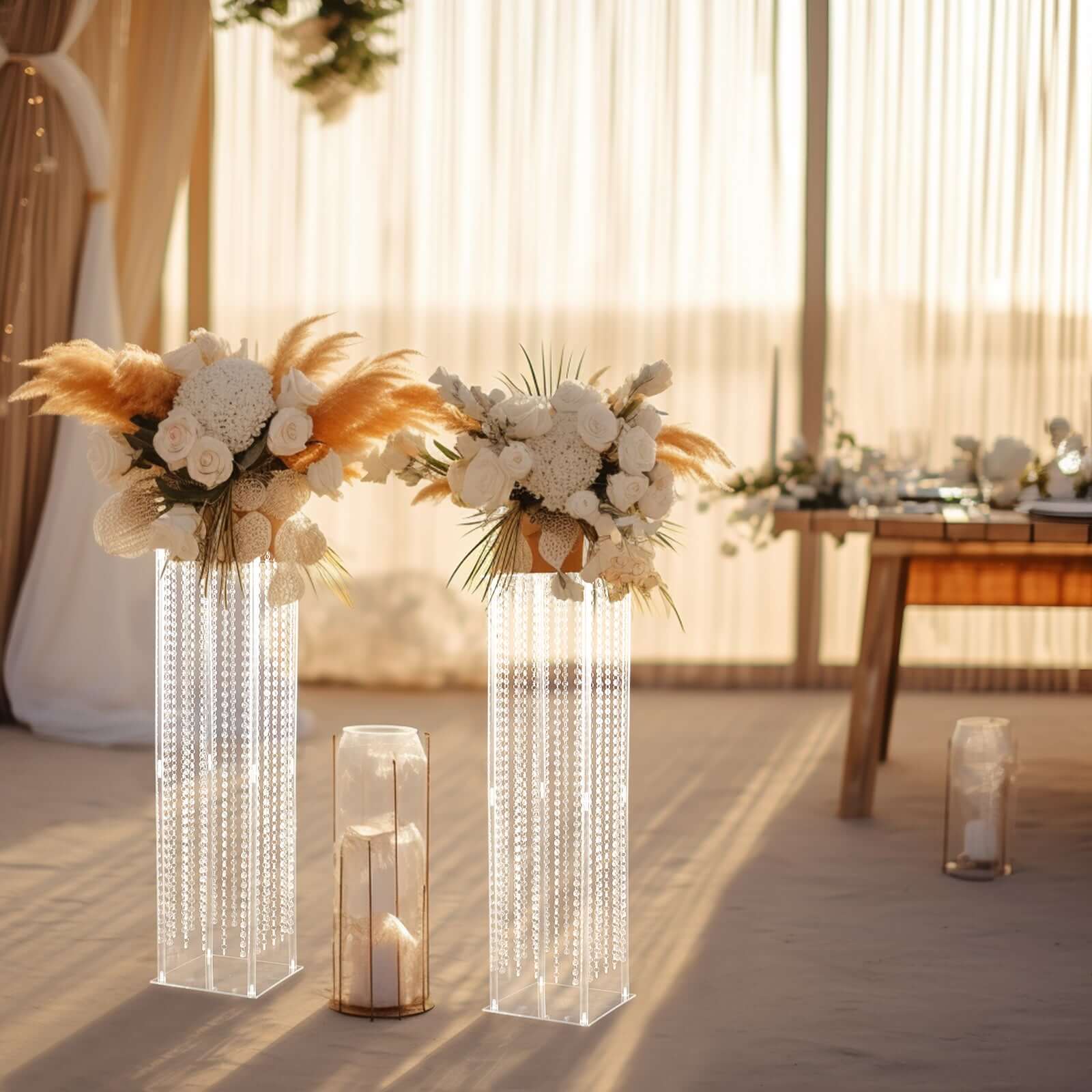 Acrylic Flower Pedestal Vase Pillar Stand with Crystal Beads Clear - Stylish Wedding Floor Centerpiece 40" Decorations HIER_7600