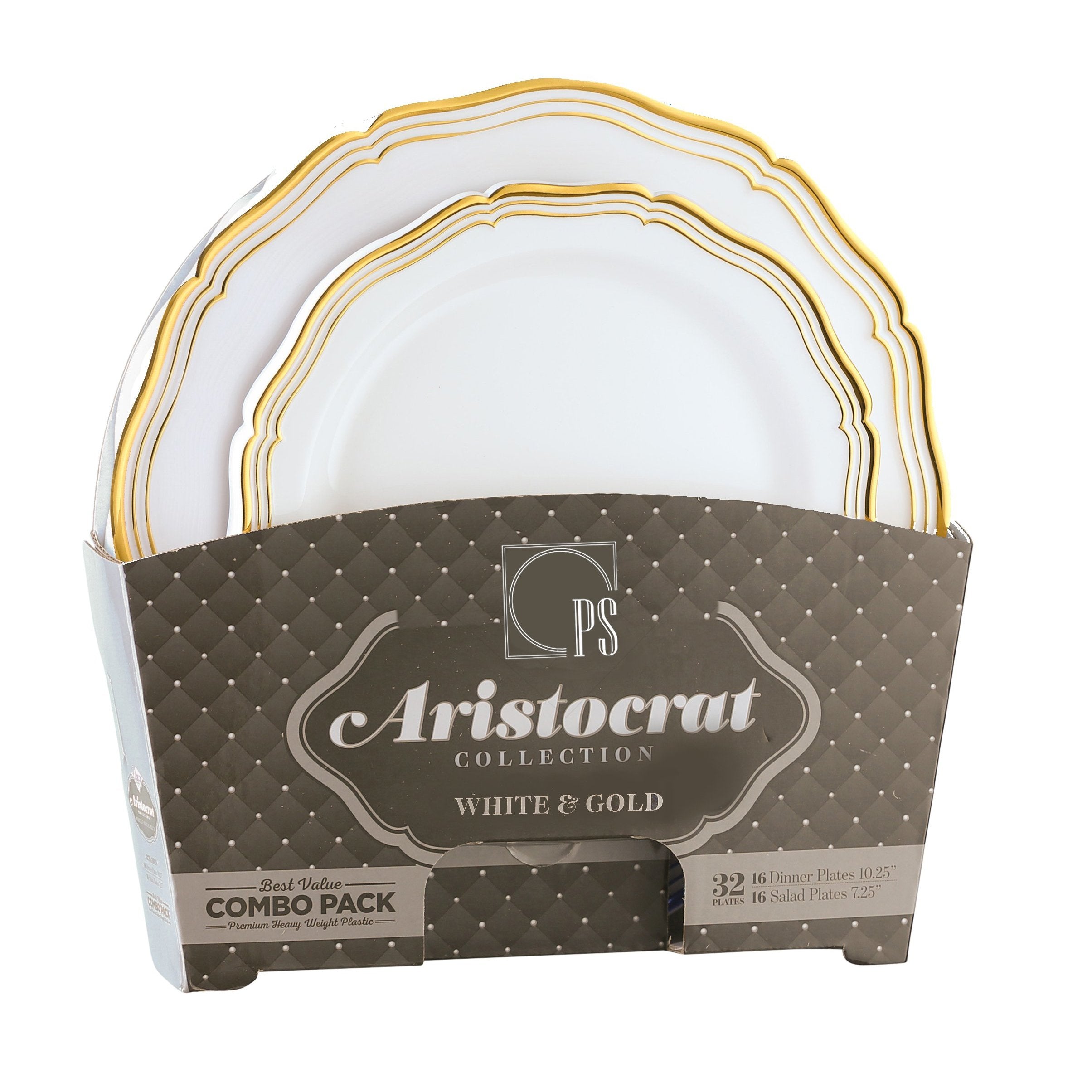 32 Piece Combo Pack White and Gold Round Plastic Dinnerware Value Set (16 Servings) - Aristocrat
