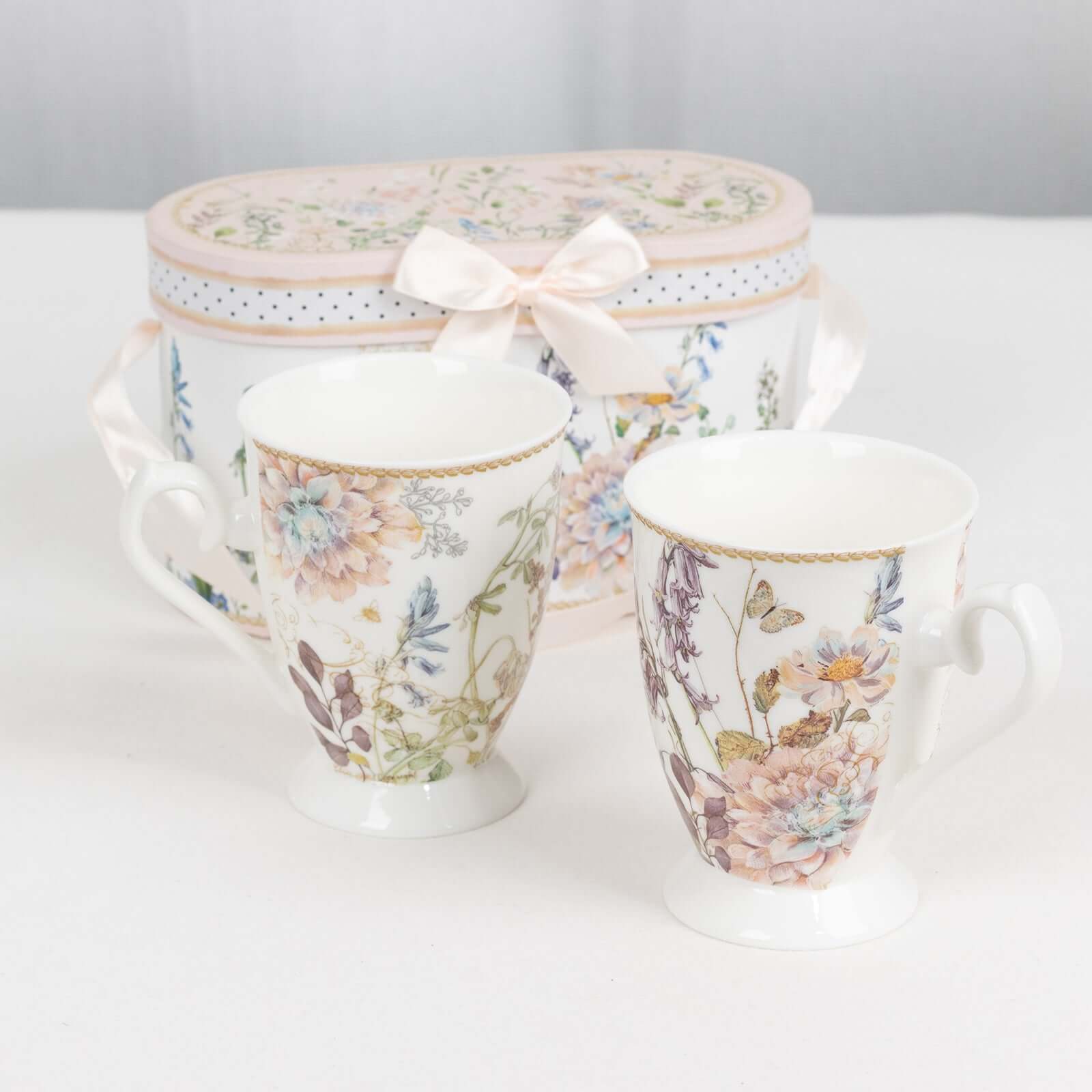 Blush Floral Design Bridal Shower Gift Set, 2 Pack Porcelain Tea Cups With Matching Keepsake Gift Box and Satin Ribbon Handle Decorations HIER_9750