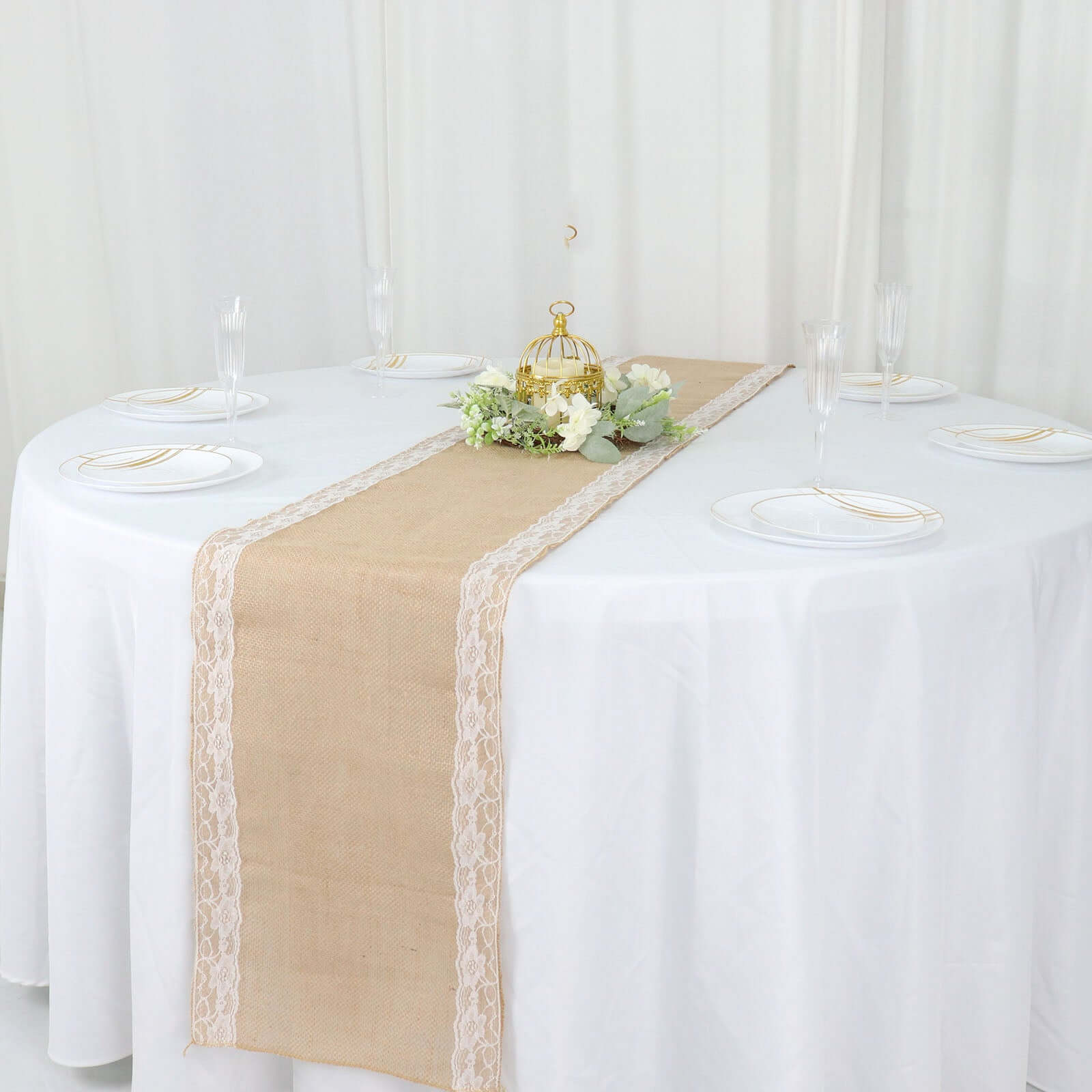 Burlap Jute 14"x104" Table Runner Natural With White Lace Trim Edges - Rustic Vintage Tabletop Decor Runners HIER_2360